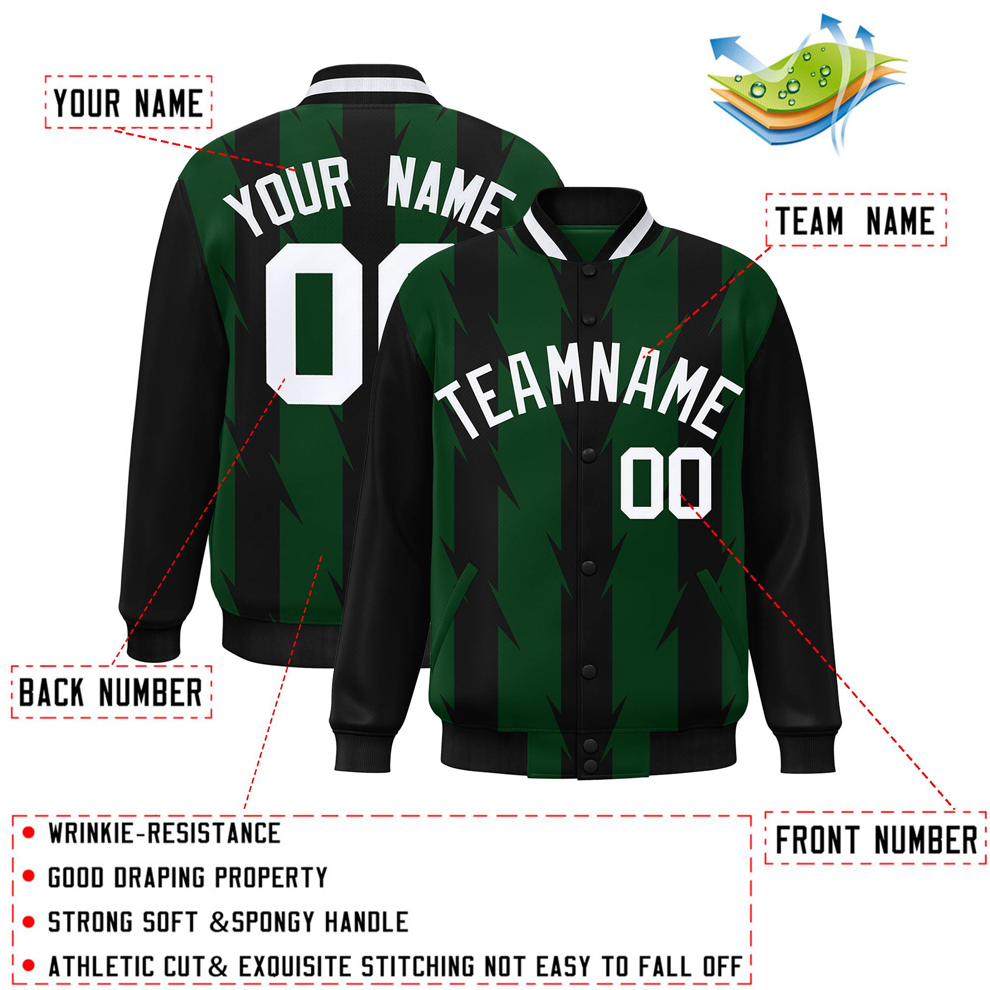 Custom Green Green Varsity Full-Snap Blade Pattern Raglan Sleeves Letterman Baseball Jacket