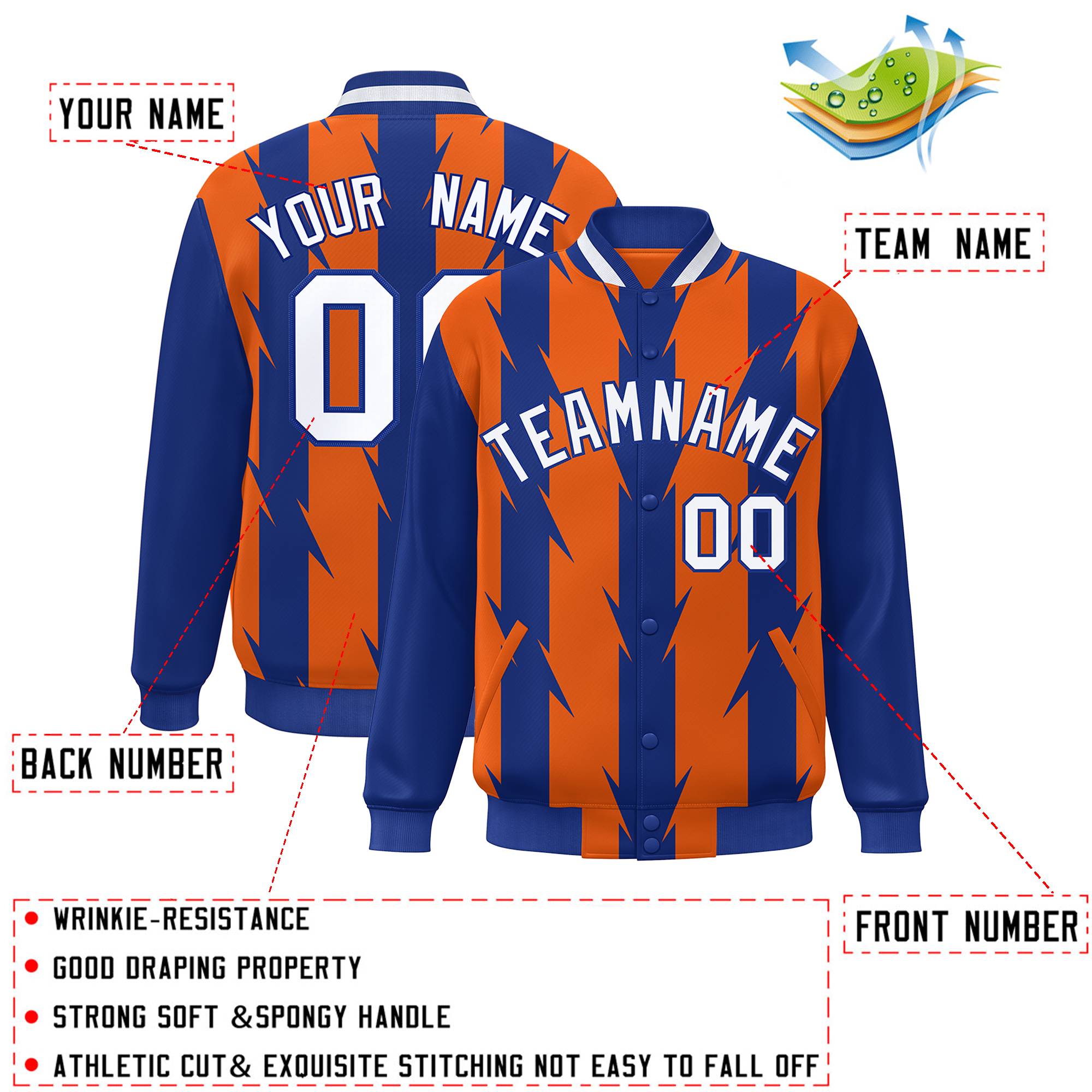 Custom Orange Orange Varsity Full-Snap Blade Pattern Raglan Sleeves Letterman Baseball Jacket