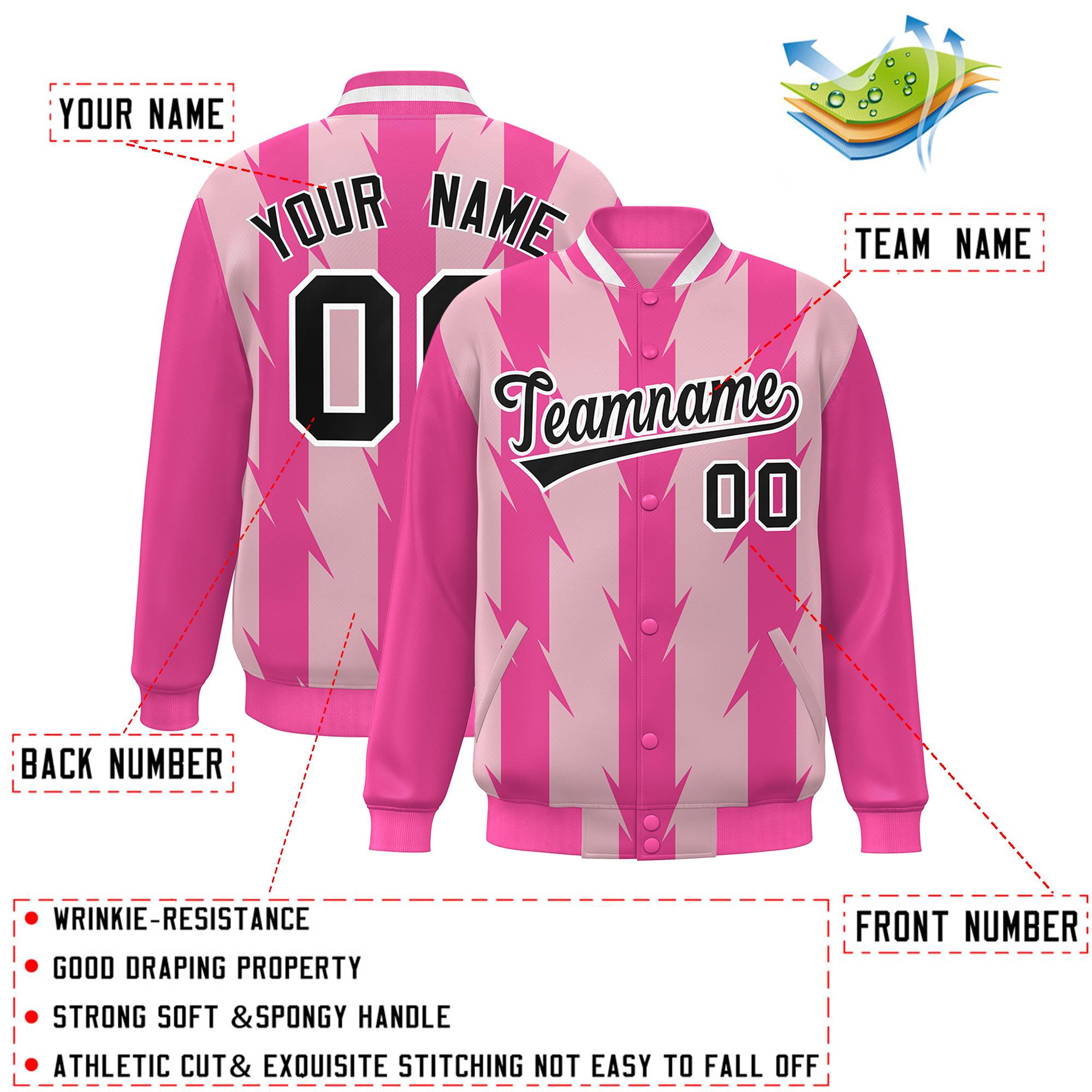 Custom Light Pink Light Pink Varsity Full-Snap Blade Pattern Raglan Sleeves Letterman Baseball Jacket