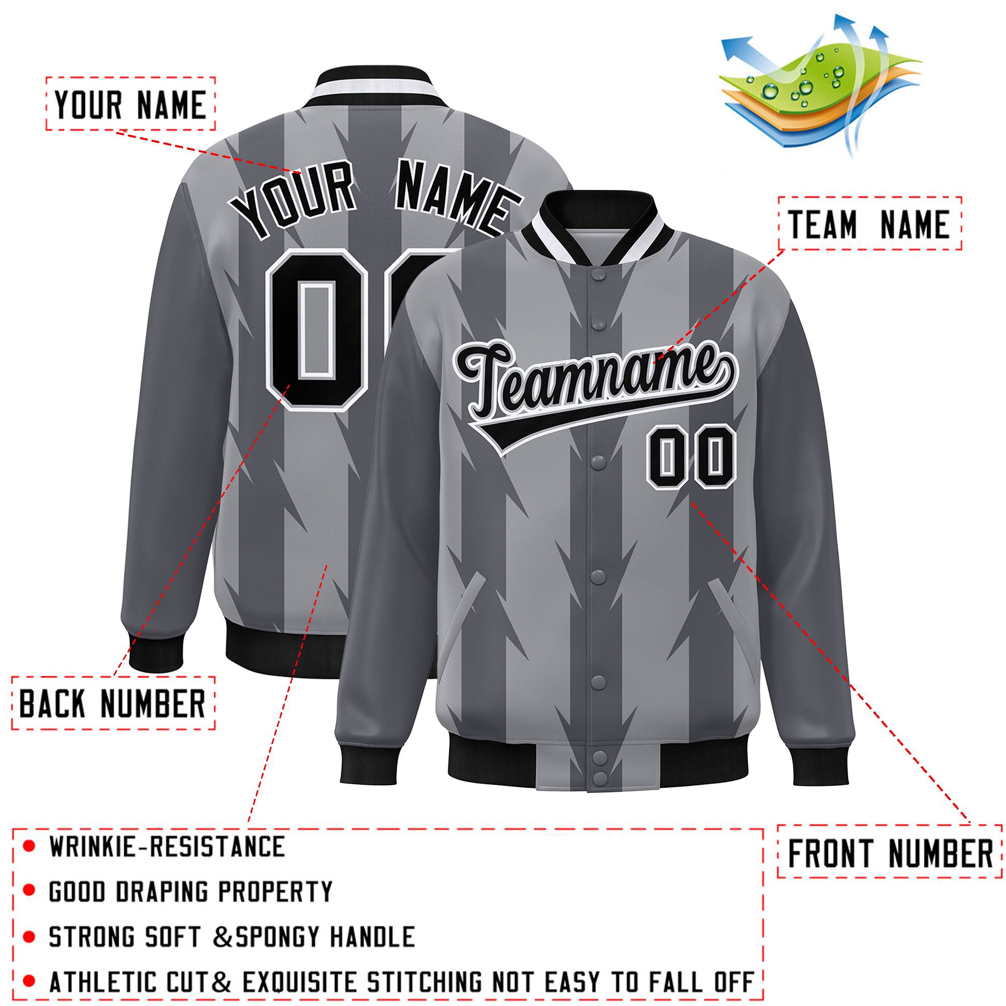 Custom Gray Gray Varsity Full-Snap Blade Pattern Raglan Sleeves Letterman Baseball Jacket