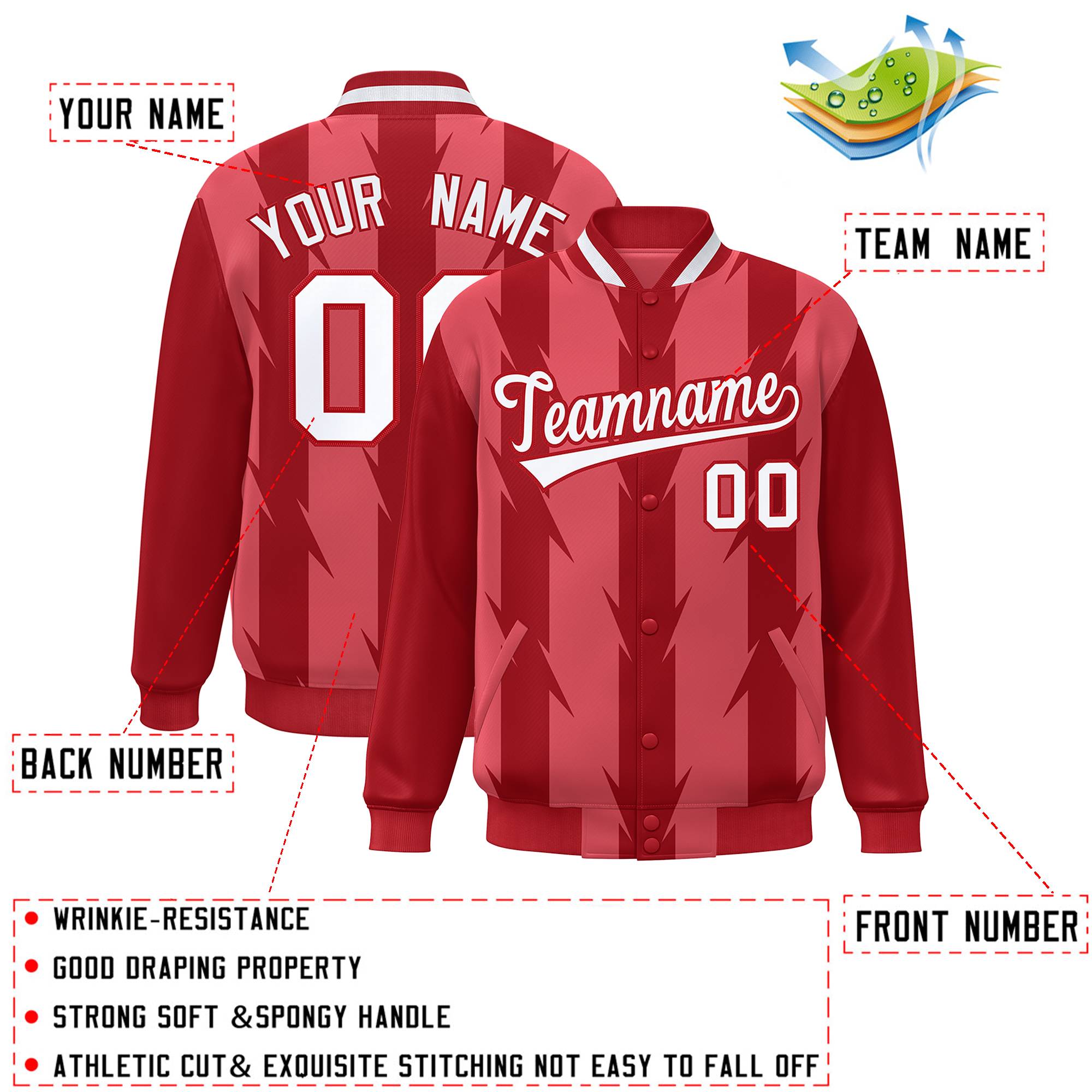 Custom Light Red Light Red Varsity Full-Snap Blade Pattern Raglan Sleeves Letterman Baseball Jacket