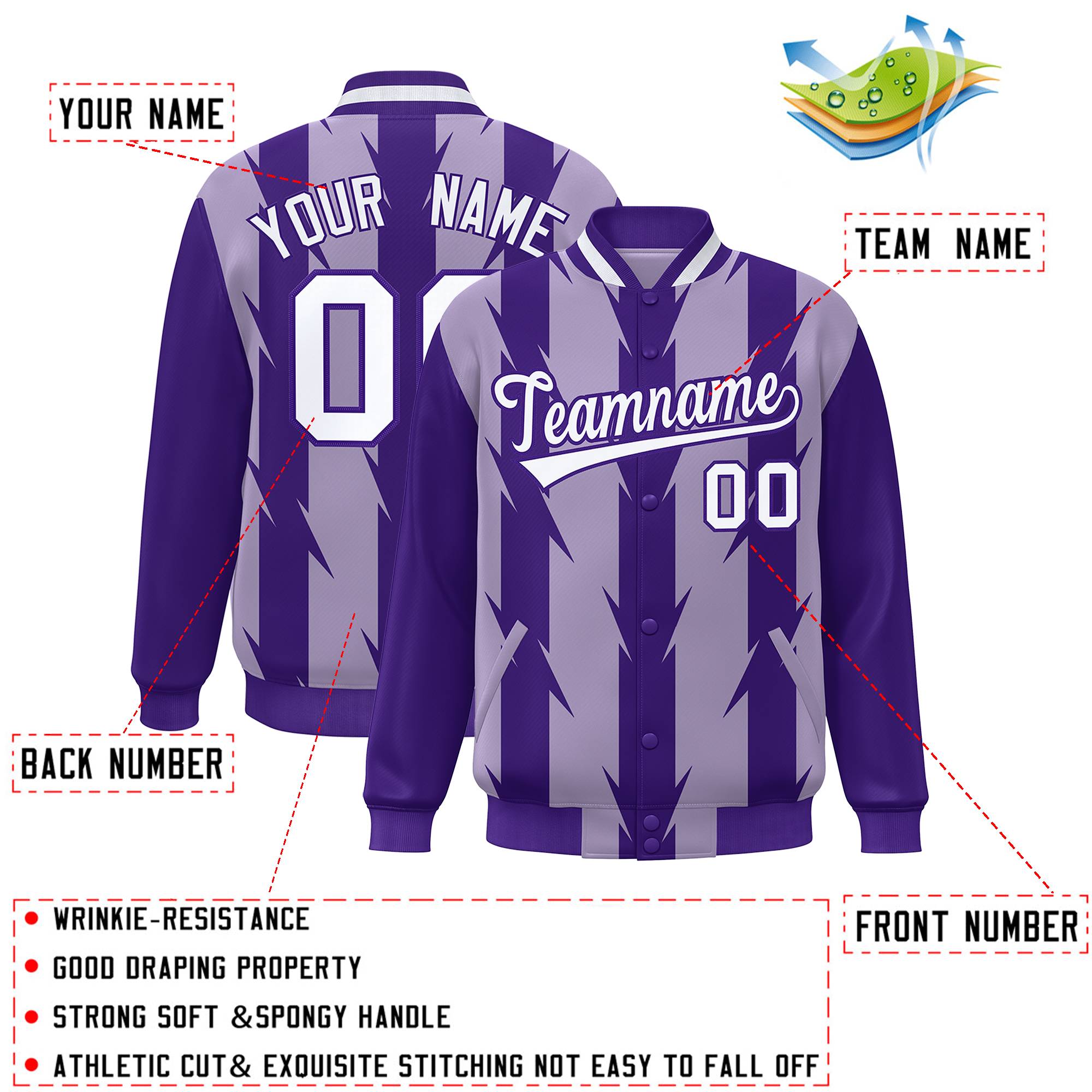 Custom Light Purple Light Purple Varsity Full-Snap Blade Pattern Raglan Sleeves Letterman Baseball Jacket