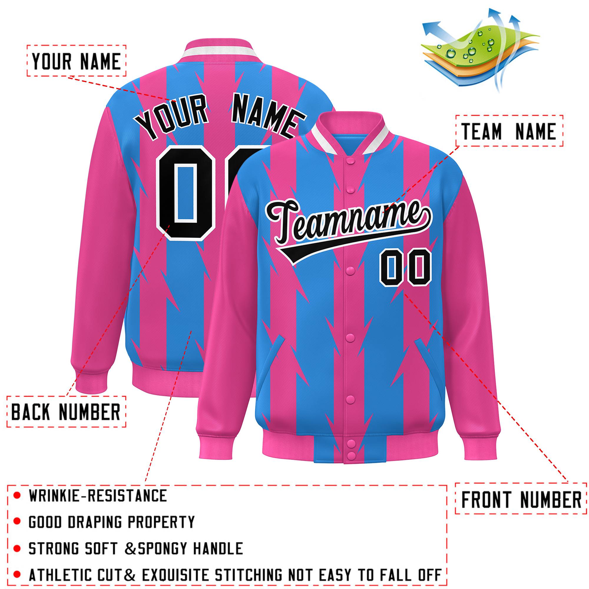 Custom Powder Blue Powder Blue Varsity Full-Snap Blade Pattern Raglan Sleeves Letterman Baseball Jacket