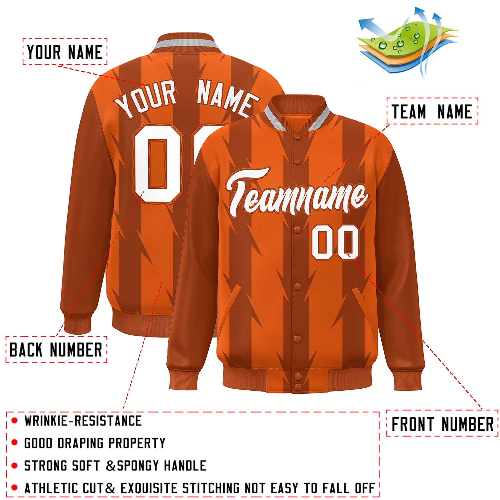 Custom Orange Orange Varsity Full-Snap Blade Pattern Raglan Sleeves Letterman Baseball Jacket