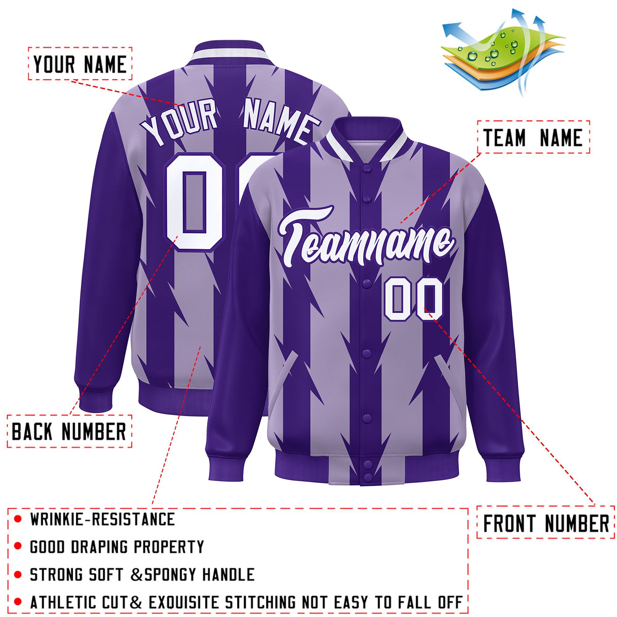 Custom Light Purple Light Purple Varsity Full-Snap Blade Pattern Raglan Sleeves Letterman Baseball Jacket