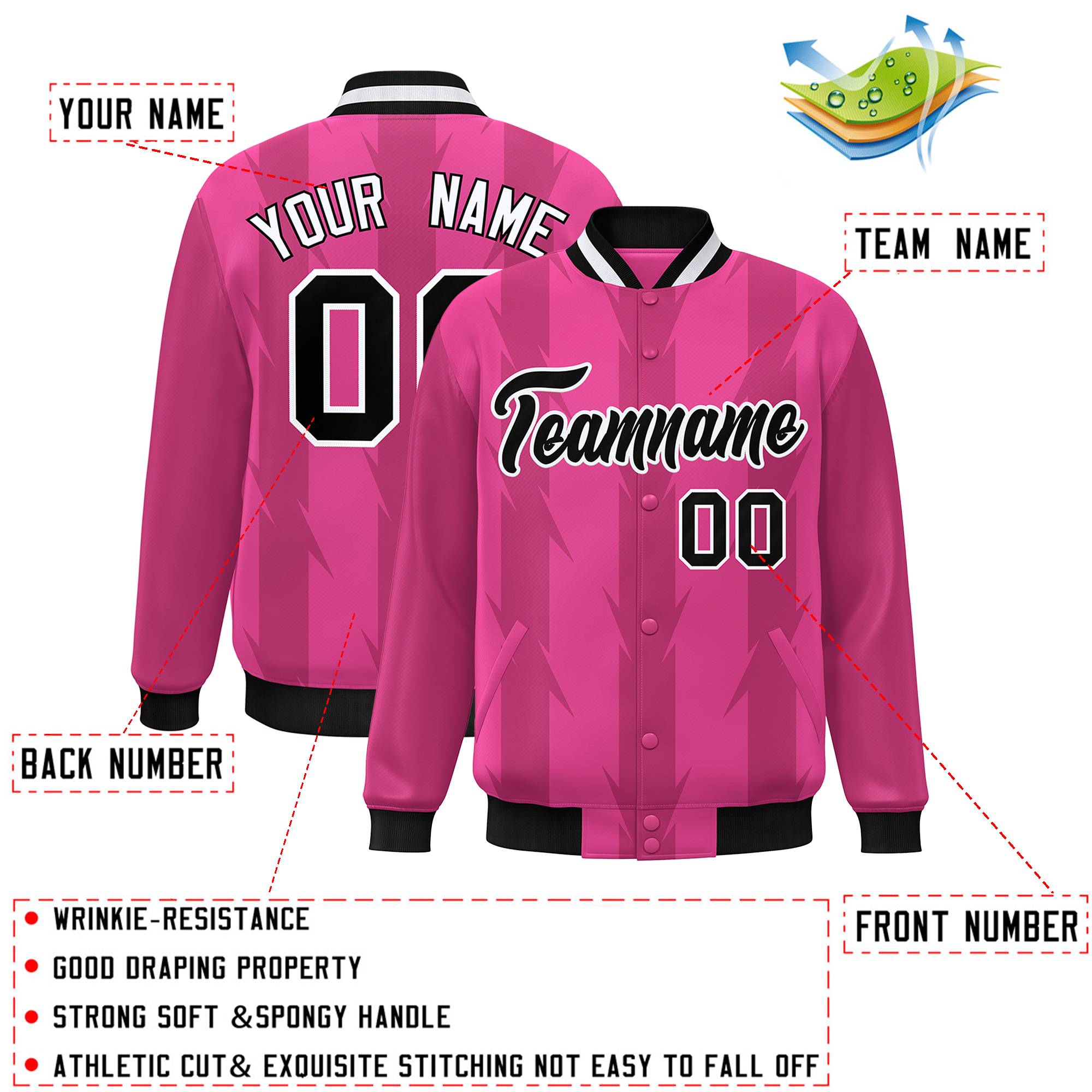 Custom Pink Pink Varsity Full-Snap Blade Pattern Raglan Sleeves Letterman Baseball Jacket