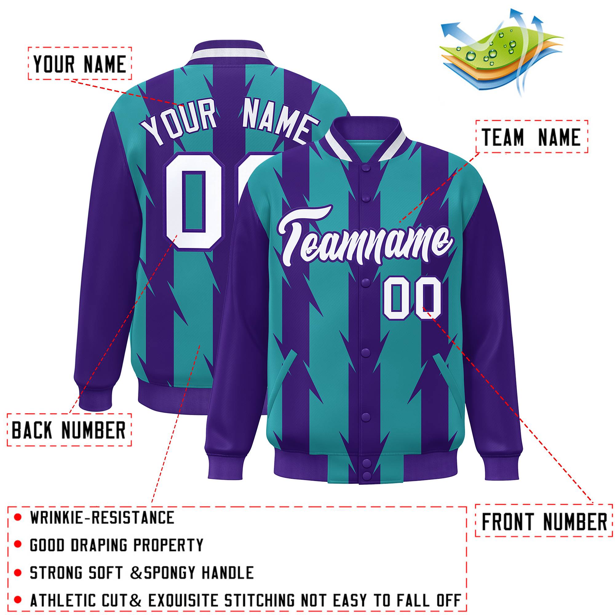 Custom Aqua Aqua Varsity Full-Snap Blade Pattern Raglan Sleeves Letterman Baseball Jacket