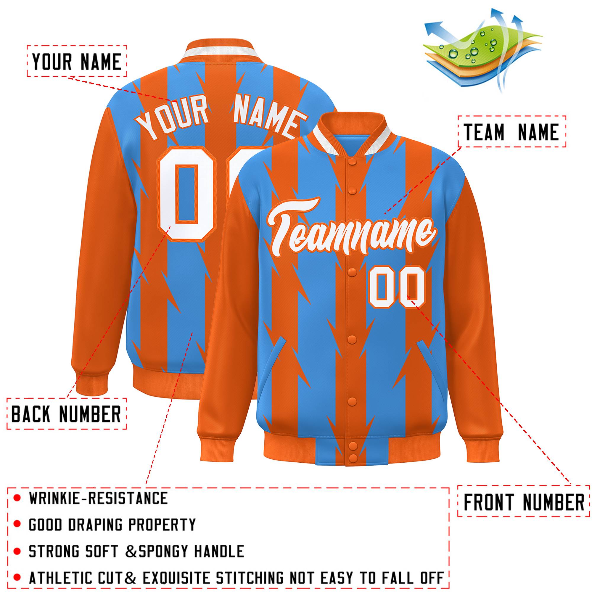 Custom Powder Blue Powder Blue Varsity Full-Snap Blade Pattern Raglan Sleeves Letterman Baseball Jacket