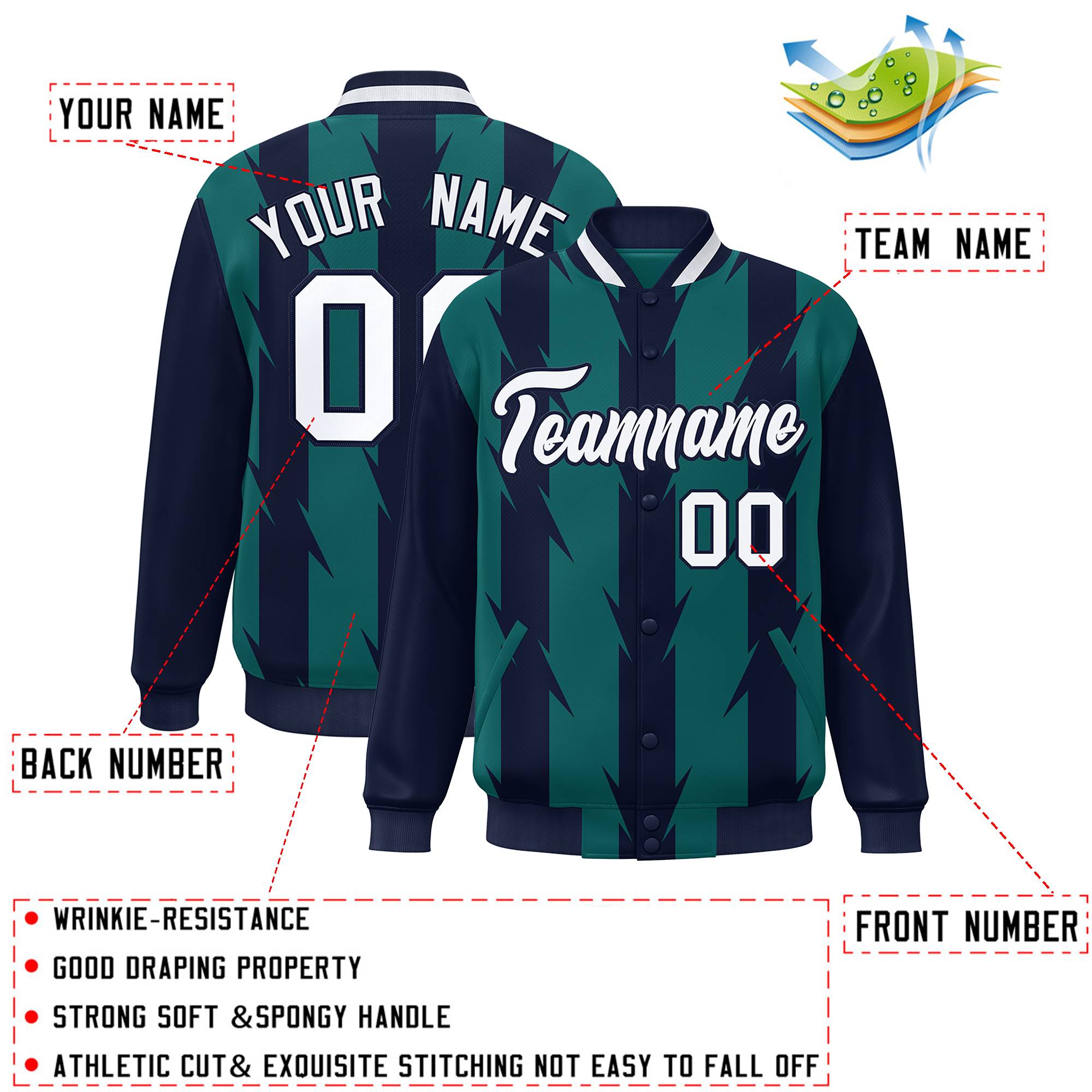 Custom Aqua Aqua Varsity Full-Snap Blade Pattern Raglan Sleeves Letterman Baseball Jacket