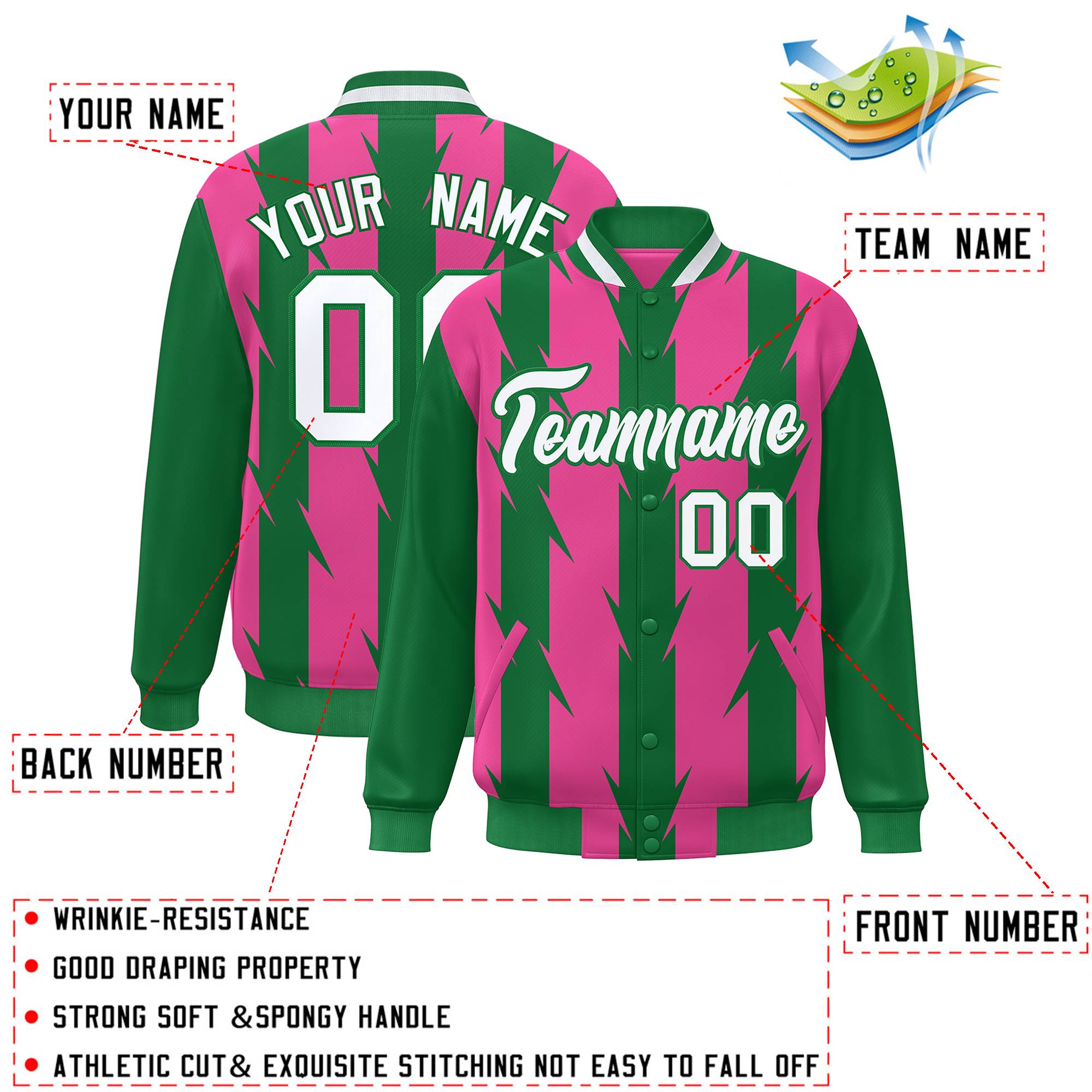 Custom Pink Pink Varsity Full-Snap Blade Pattern Raglan Sleeves Letterman Baseball Jacket