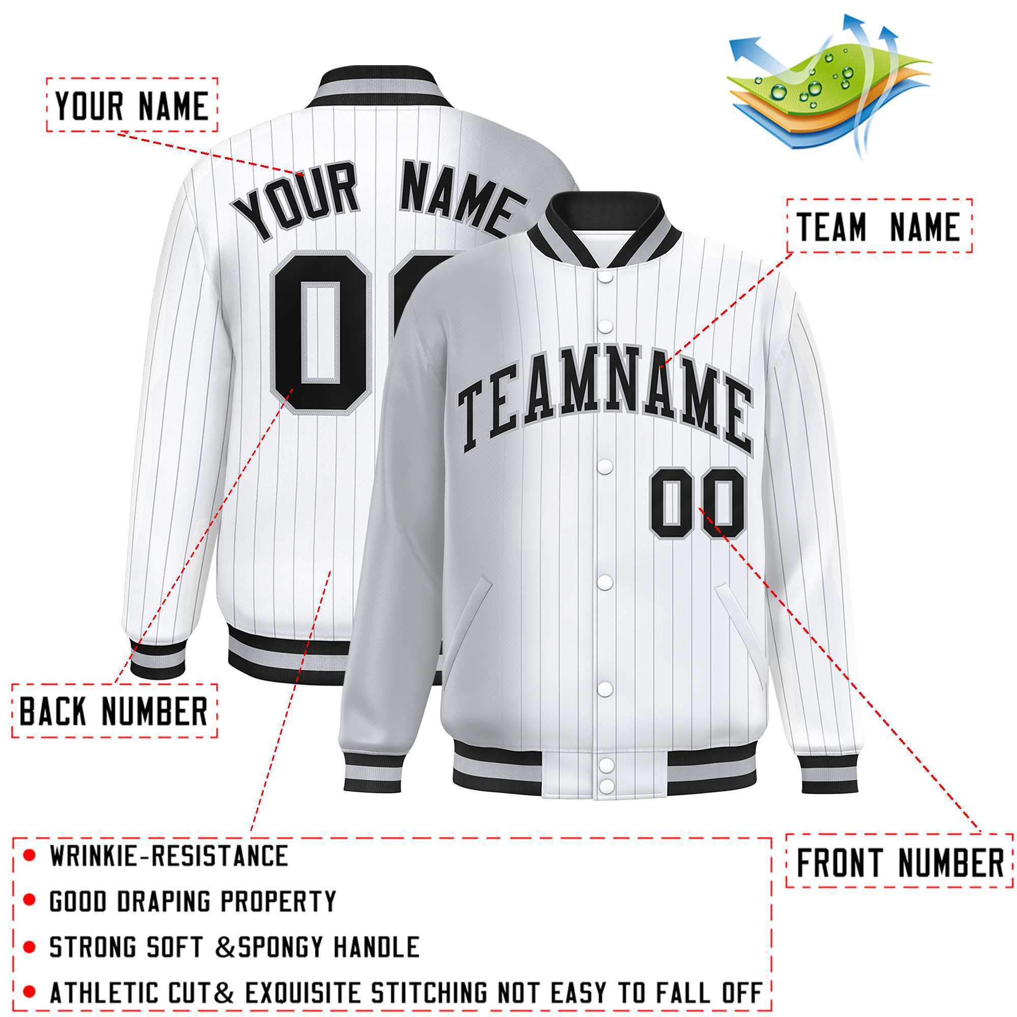 Custom White Gray Gradient Varsity Full-Snap Pinstripe Letterman Baseball Jacket