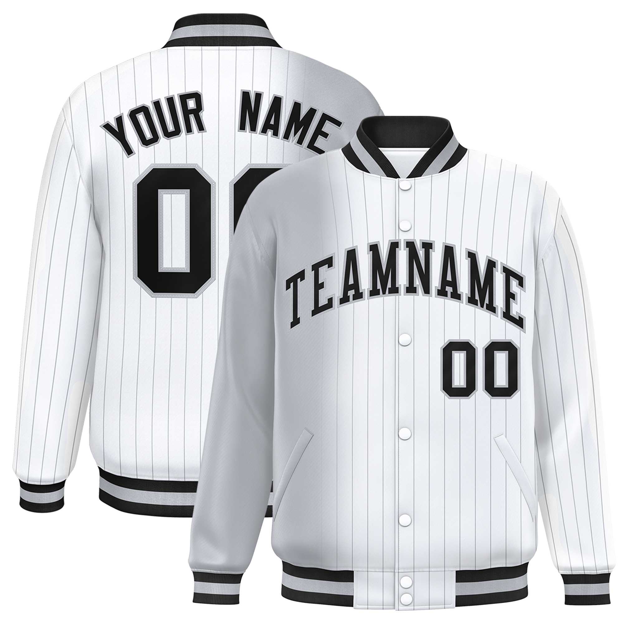 Custom White Gray Gradient Varsity Full-Snap Pinstripe Letterman Baseball Jacket