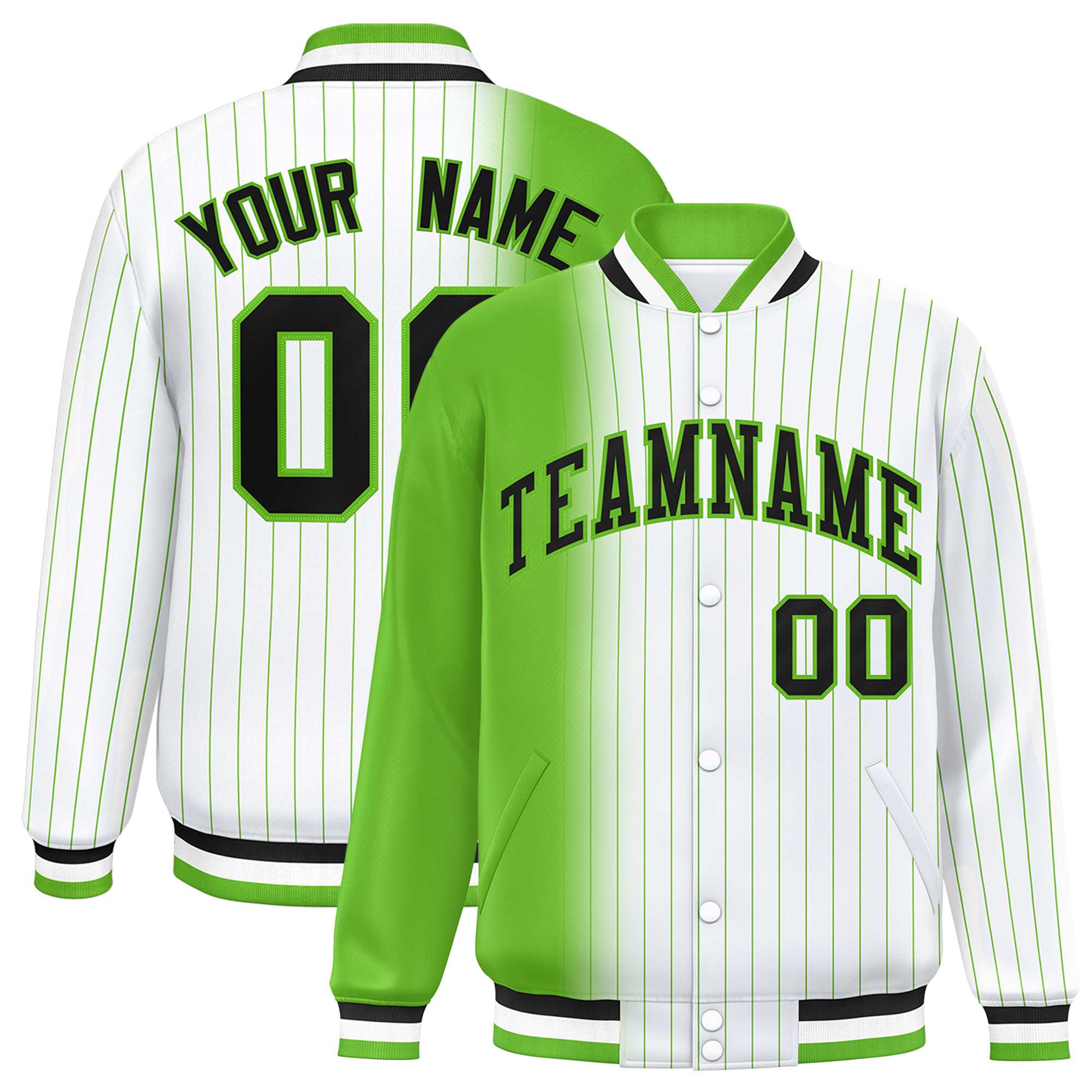 Custom White Green Gradient Varsity Full-Snap Pinstripe Letterman Baseball Jacket