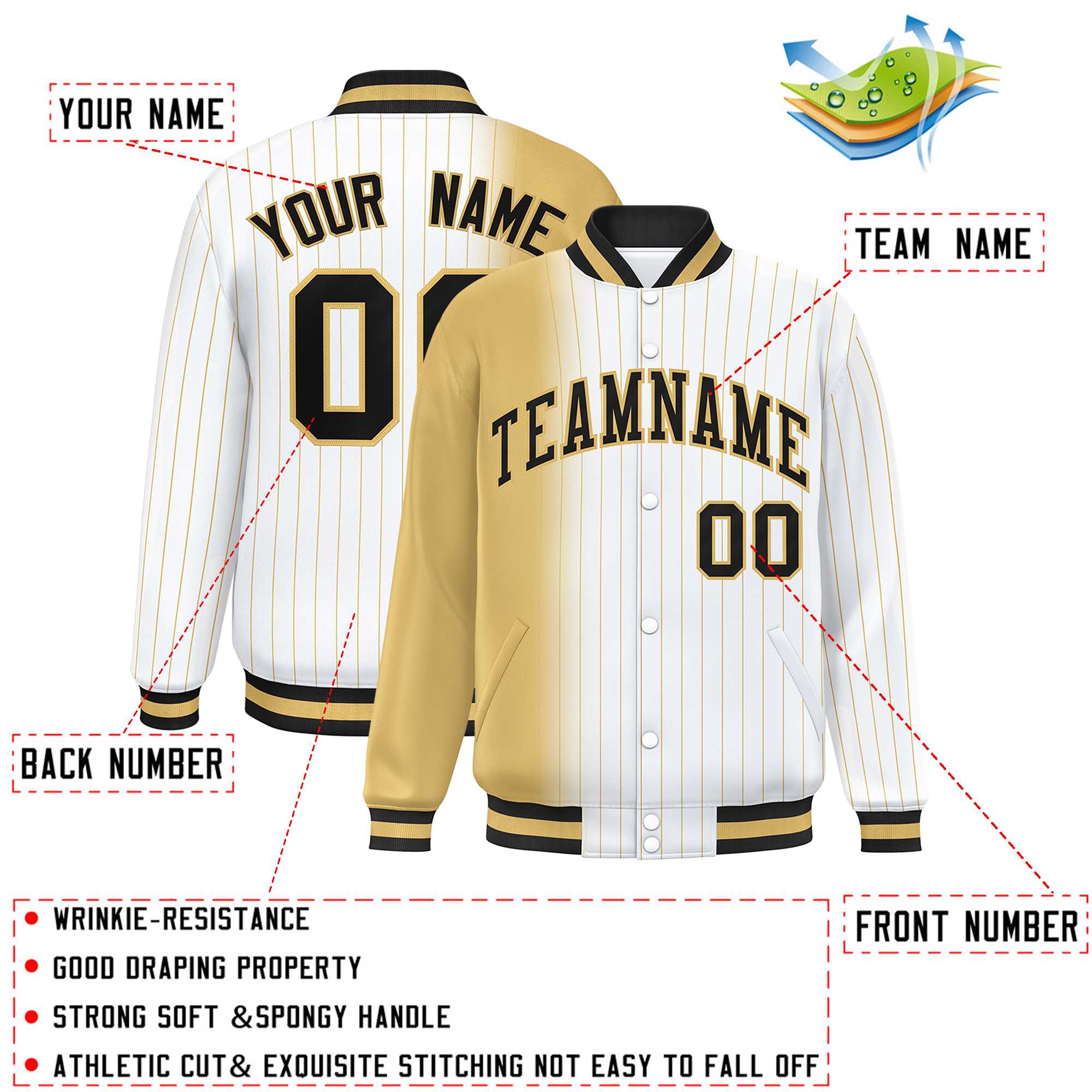 Custom White Old Gold Gradient Varsity Full-Snap Pinstripe Letterman Baseball Jacket