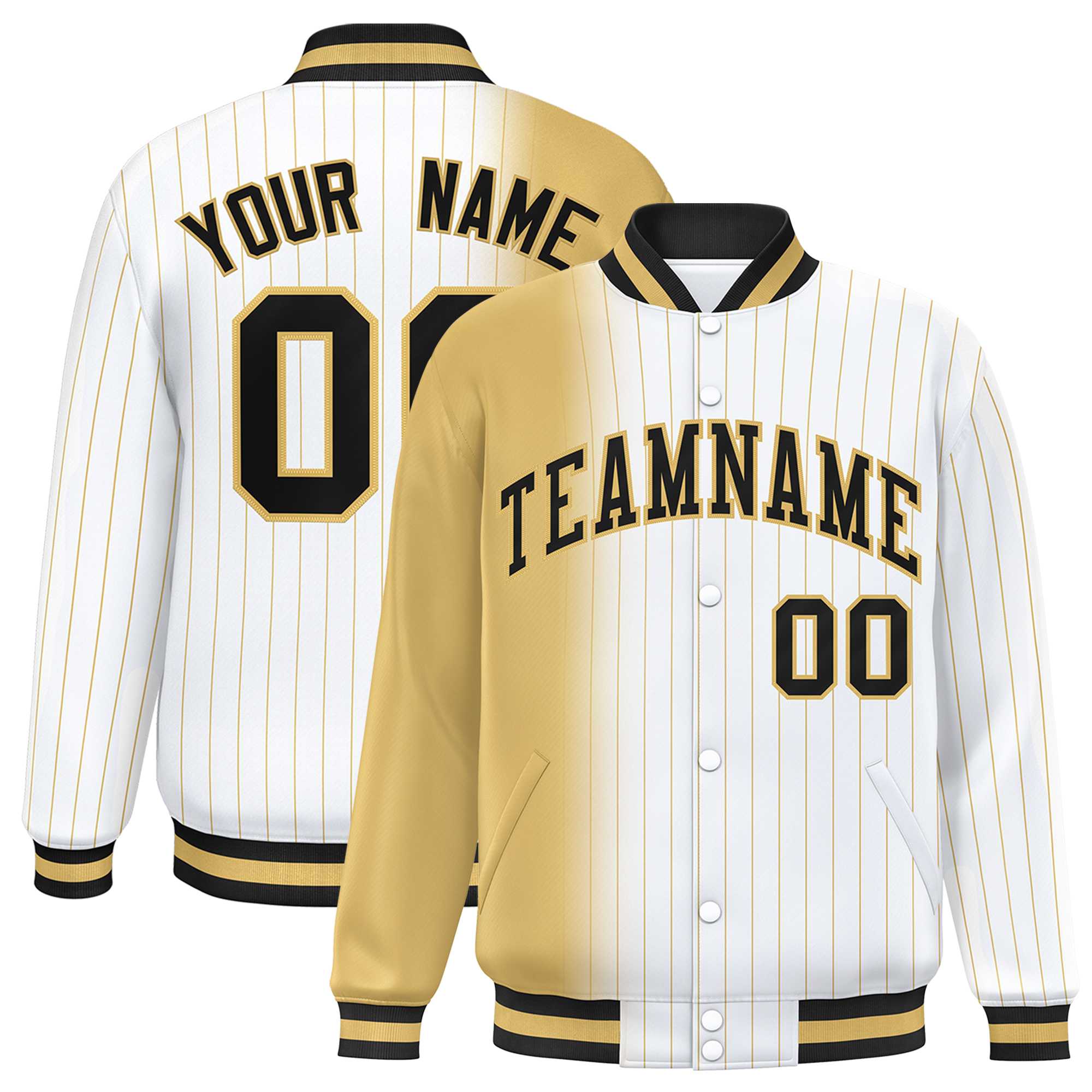 Custom White Old Gold Gradient Varsity Full-Snap Pinstripe Letterman Baseball Jacket