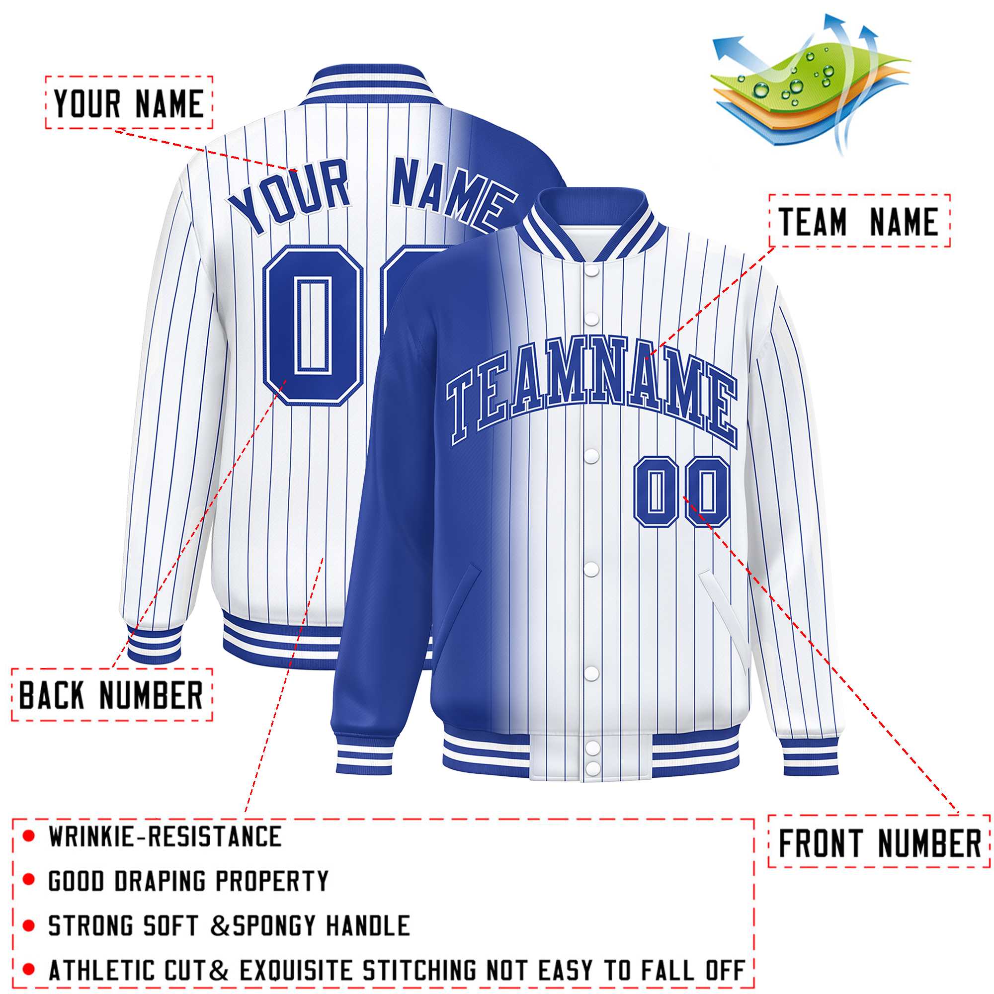 Custom White Royal Gradient Varsity Full-Snap Pinstripe Letterman Baseball Jacket