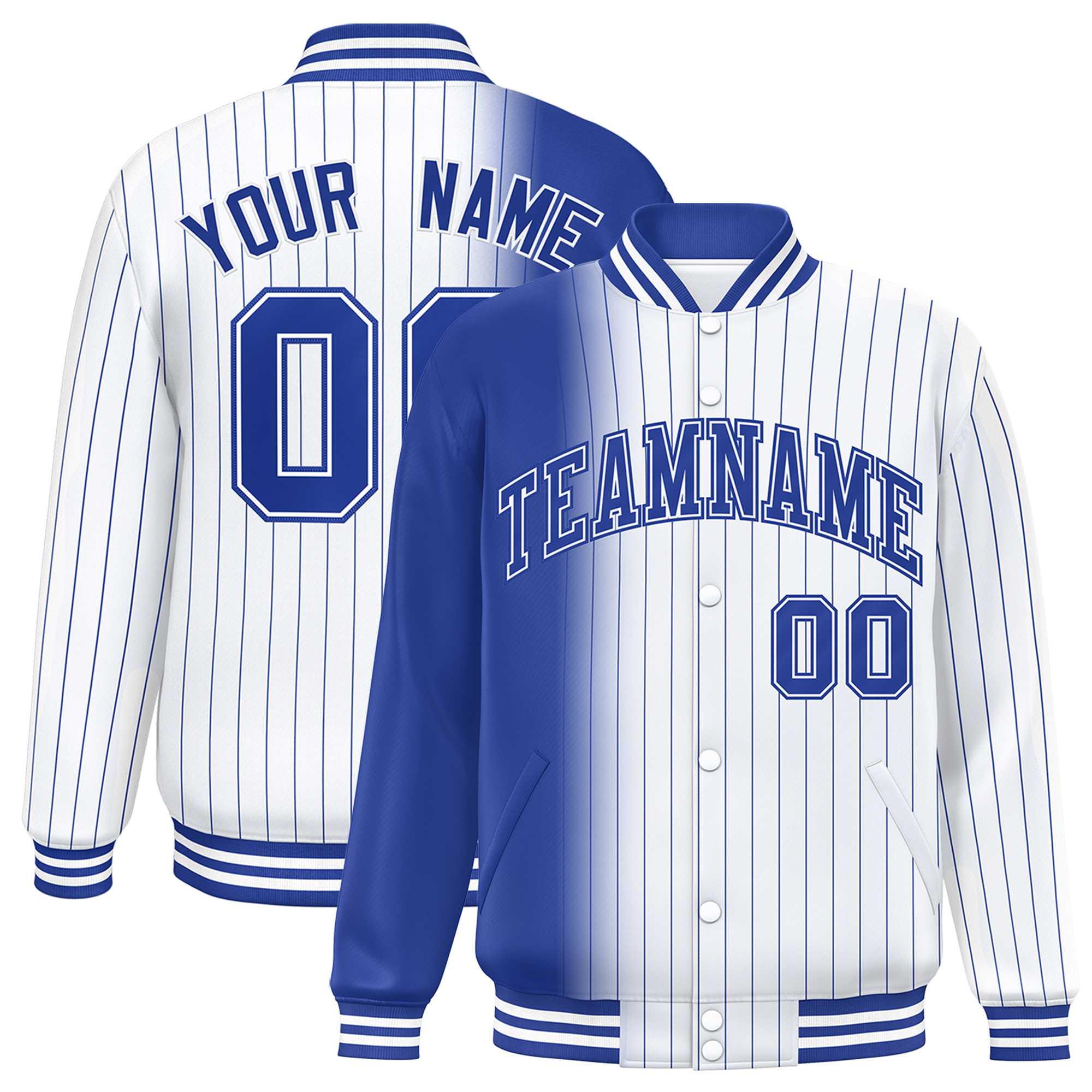 Custom White Royal Gradient Varsity Full-Snap Pinstripe Letterman Baseball Jacket