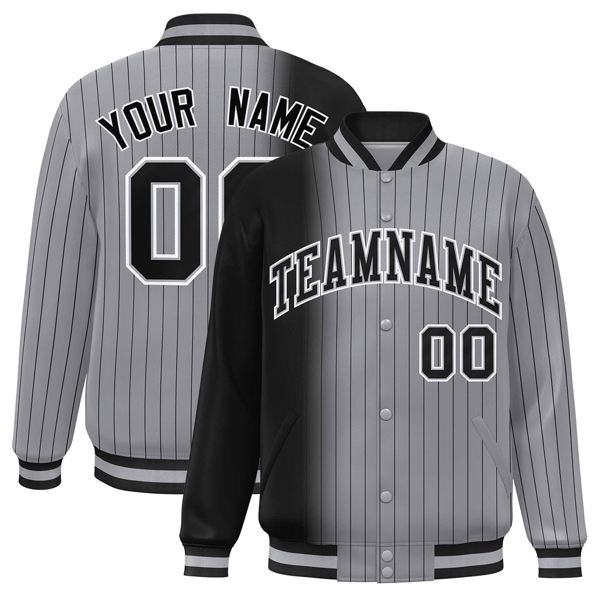 Custom Gray Black Gradient Varsity Full-Snap Pinstripe Letterman Baseball Jacket