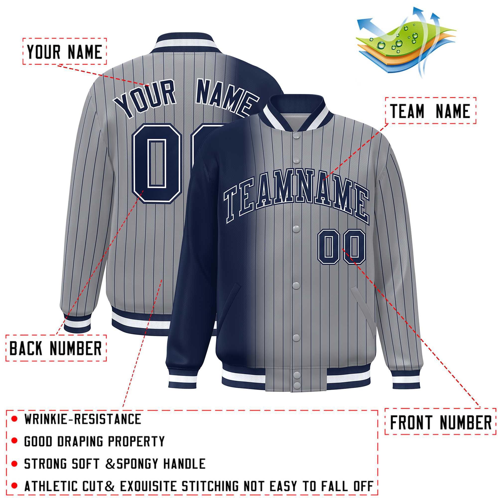 Custom Gray Navy Gradient Varsity Full-Snap Pinstripe Letterman Baseball Jacket