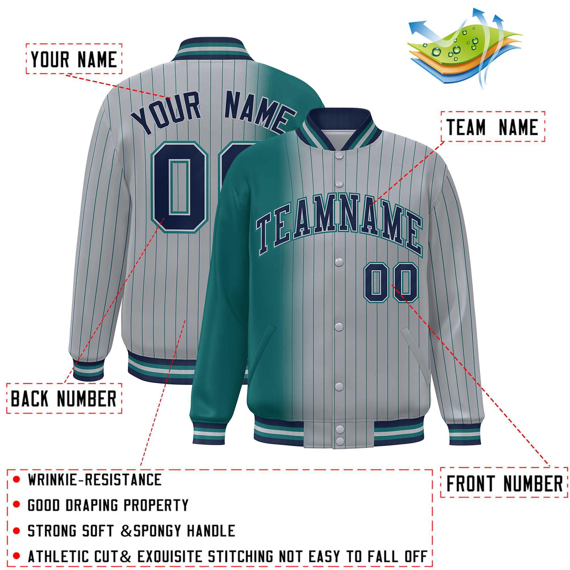 Custom Gray Aqua Gradient Varsity Full-Snap Pinstripe Letterman Baseball Jacket