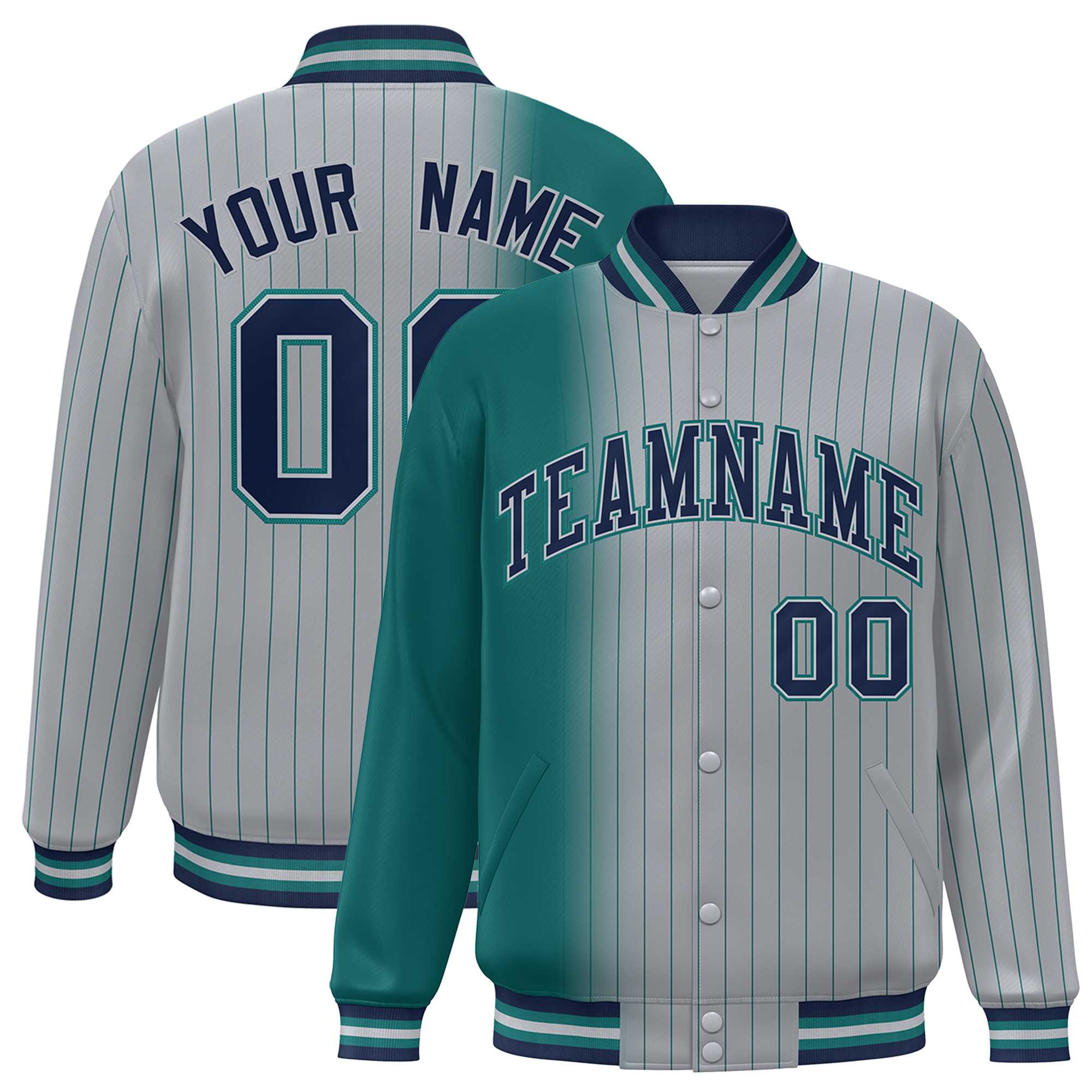 Custom Gray Aqua Gradient Varsity Full-Snap Pinstripe Letterman Baseball Jacket