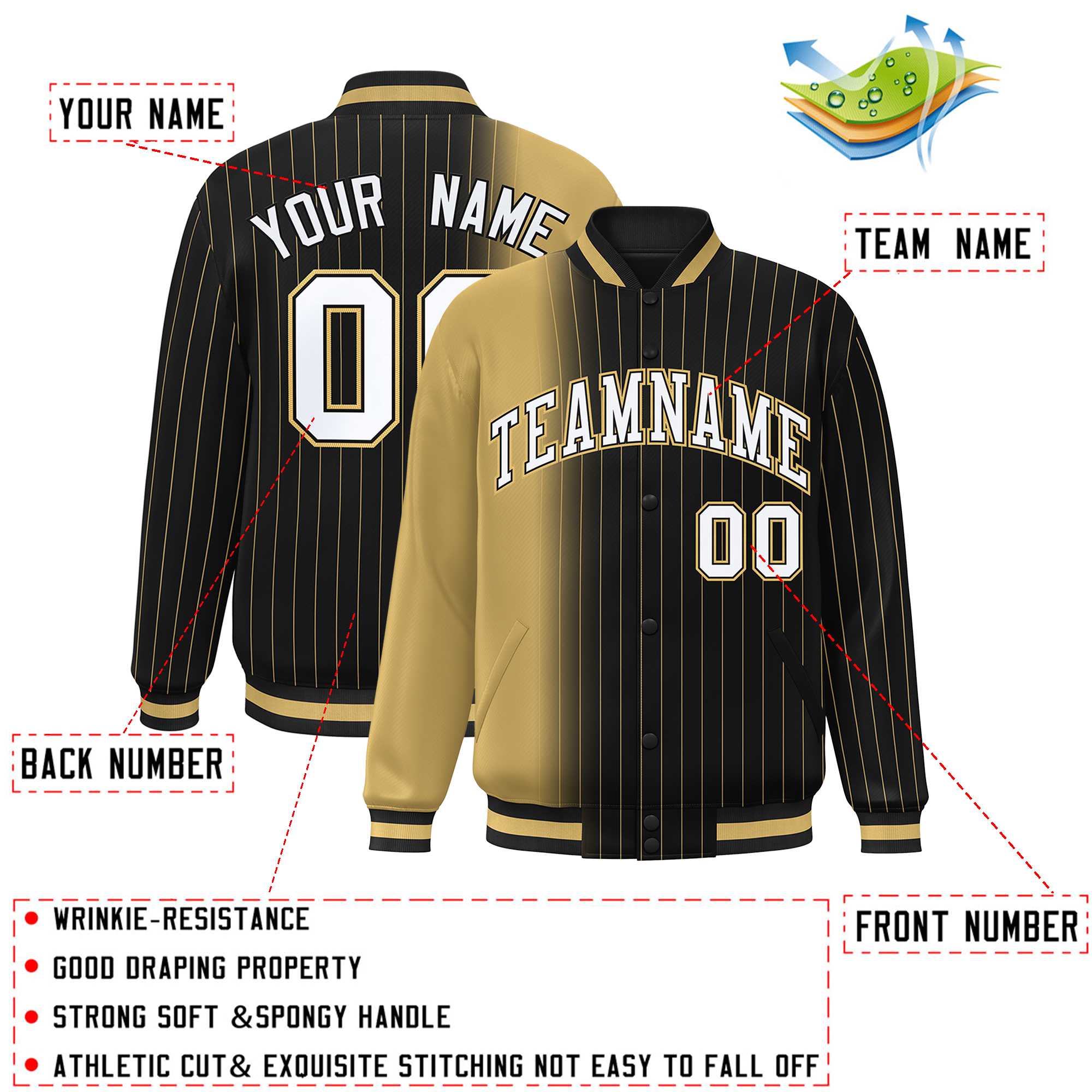 Custom Black Old Gold Gradient Varsity Full-Snap Pinstripe Letterman Baseball Jacket