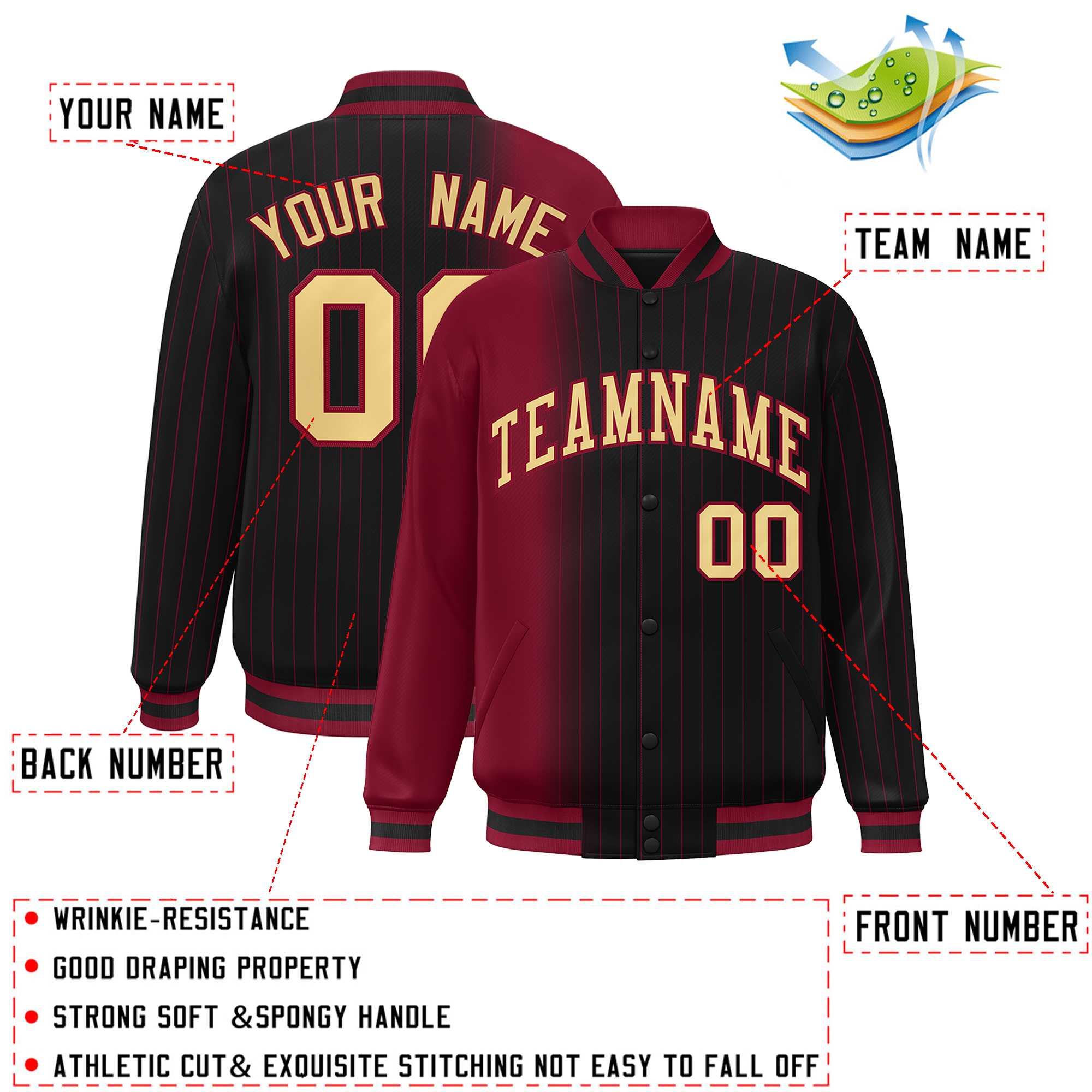 Custom Black Crimson Gradient Varsity Full-Snap Pinstripe Letterman Baseball Jacket