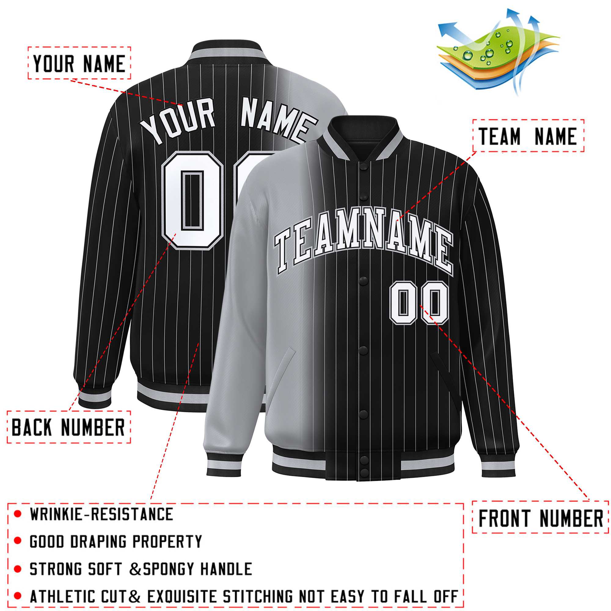 Custom Black Gray Gradient Varsity Full-Snap Pinstripe Letterman Baseball Jacket