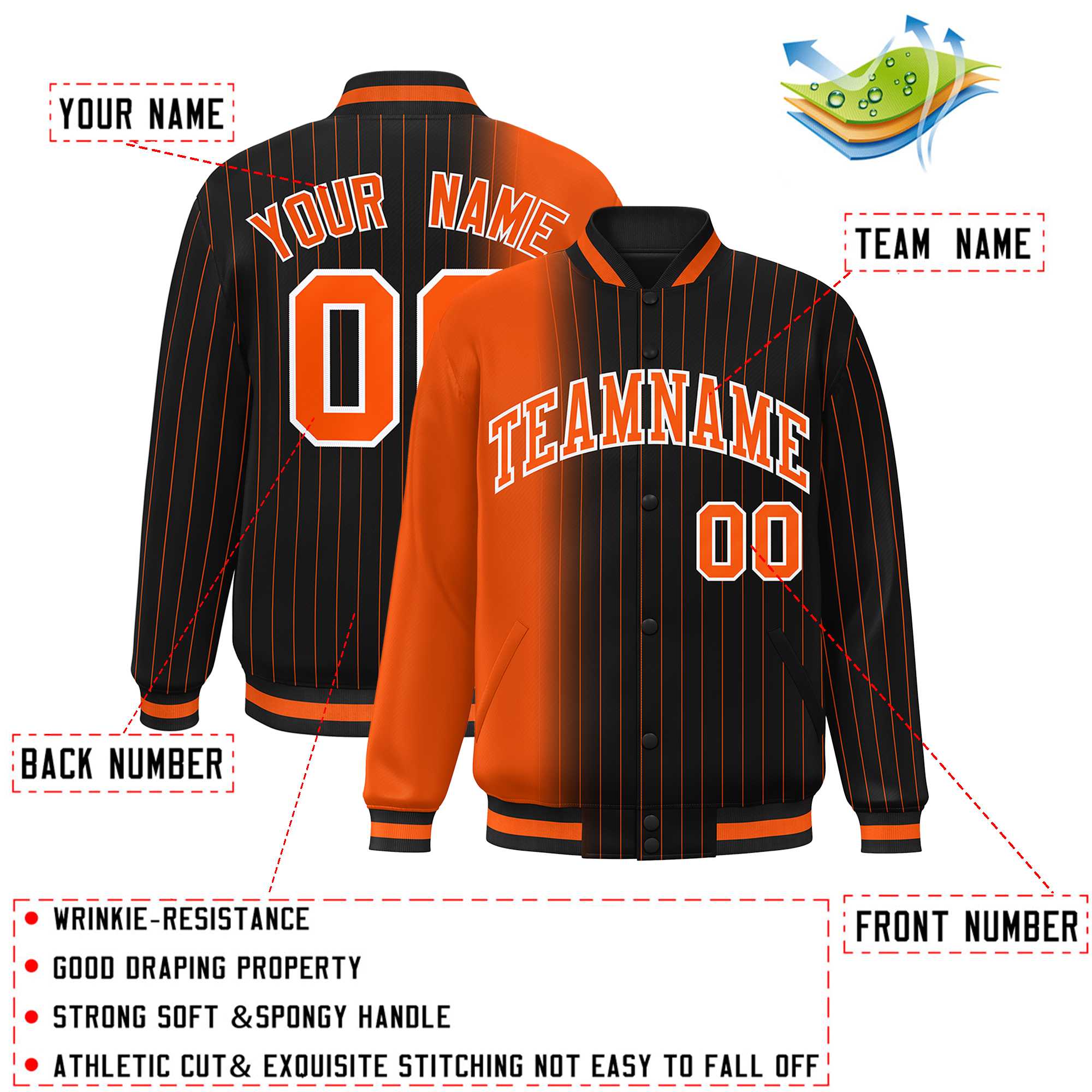 Custom Black Orange Gradient Varsity Full-Snap Pinstripe Letterman Baseball Jacket