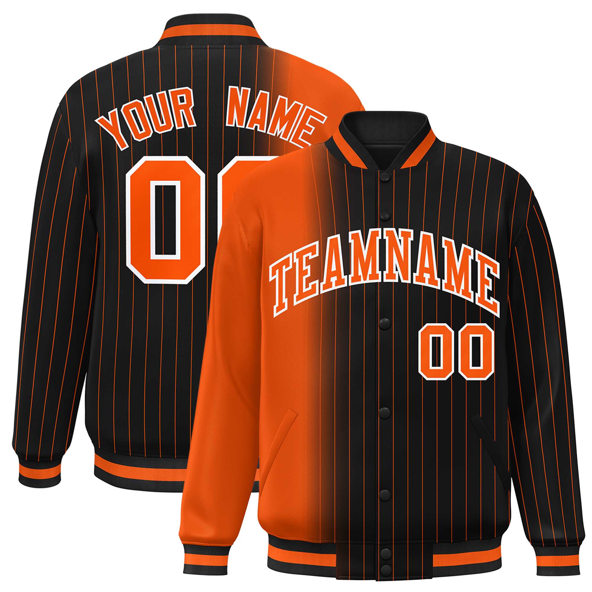 Custom Black Orange Gradient Varsity Full-Snap Pinstripe Letterman Baseball Jacket