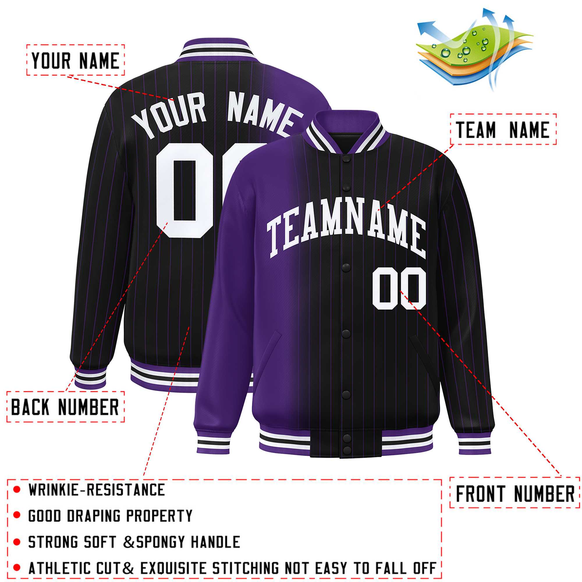 Custom Black Purple Gradient Varsity Full-Snap Pinstripe Letterman Baseball Jacket