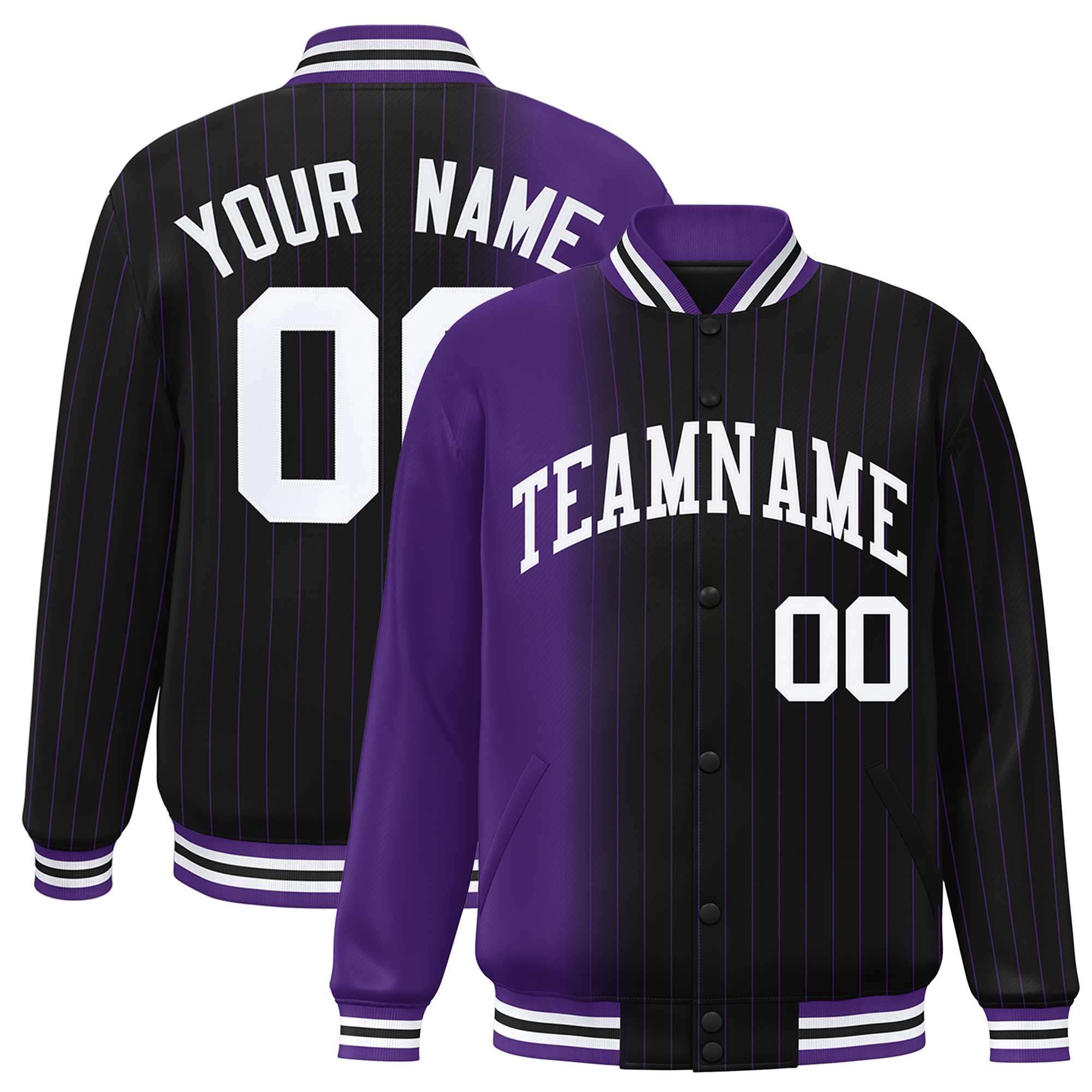 Custom Black Purple Gradient Varsity Full-Snap Pinstripe Letterman Baseball Jacket