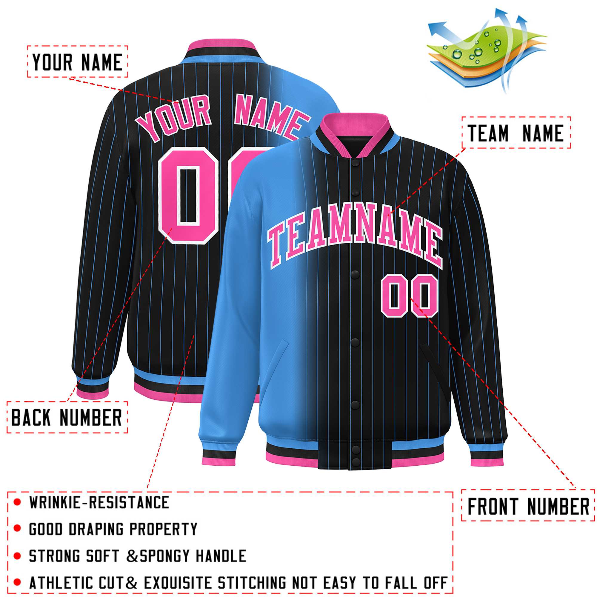 Custom Black Powder Blue Gradient Varsity Full-Snap Pinstripe Letterman Baseball Jacket