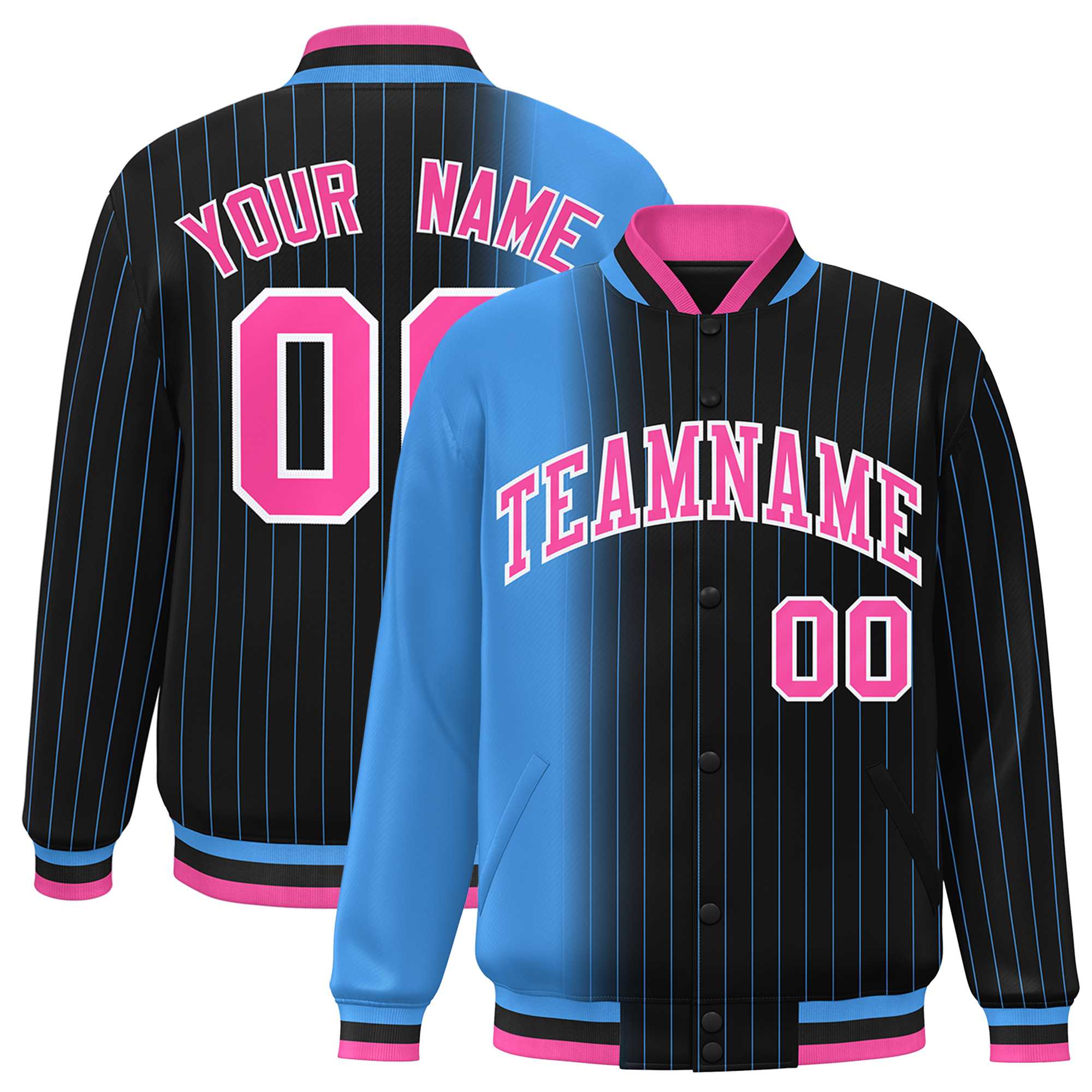 Custom Black Powder Blue Gradient Varsity Full-Snap Pinstripe Letterman Baseball Jacket