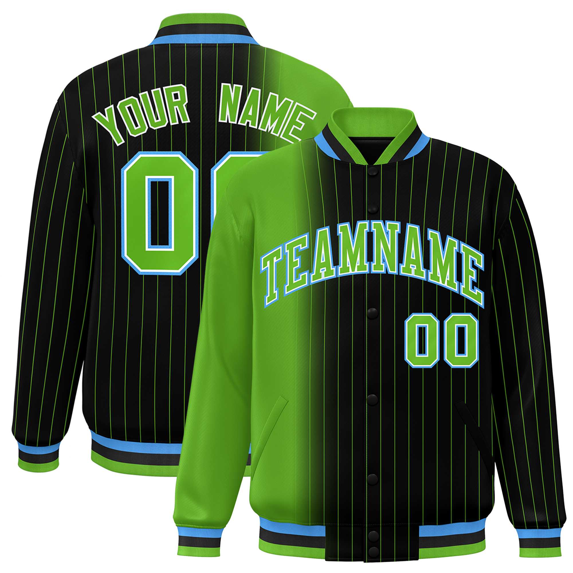 Custom Black Green Gradient Varsity Full-Snap Pinstripe Letterman Baseball Jacket