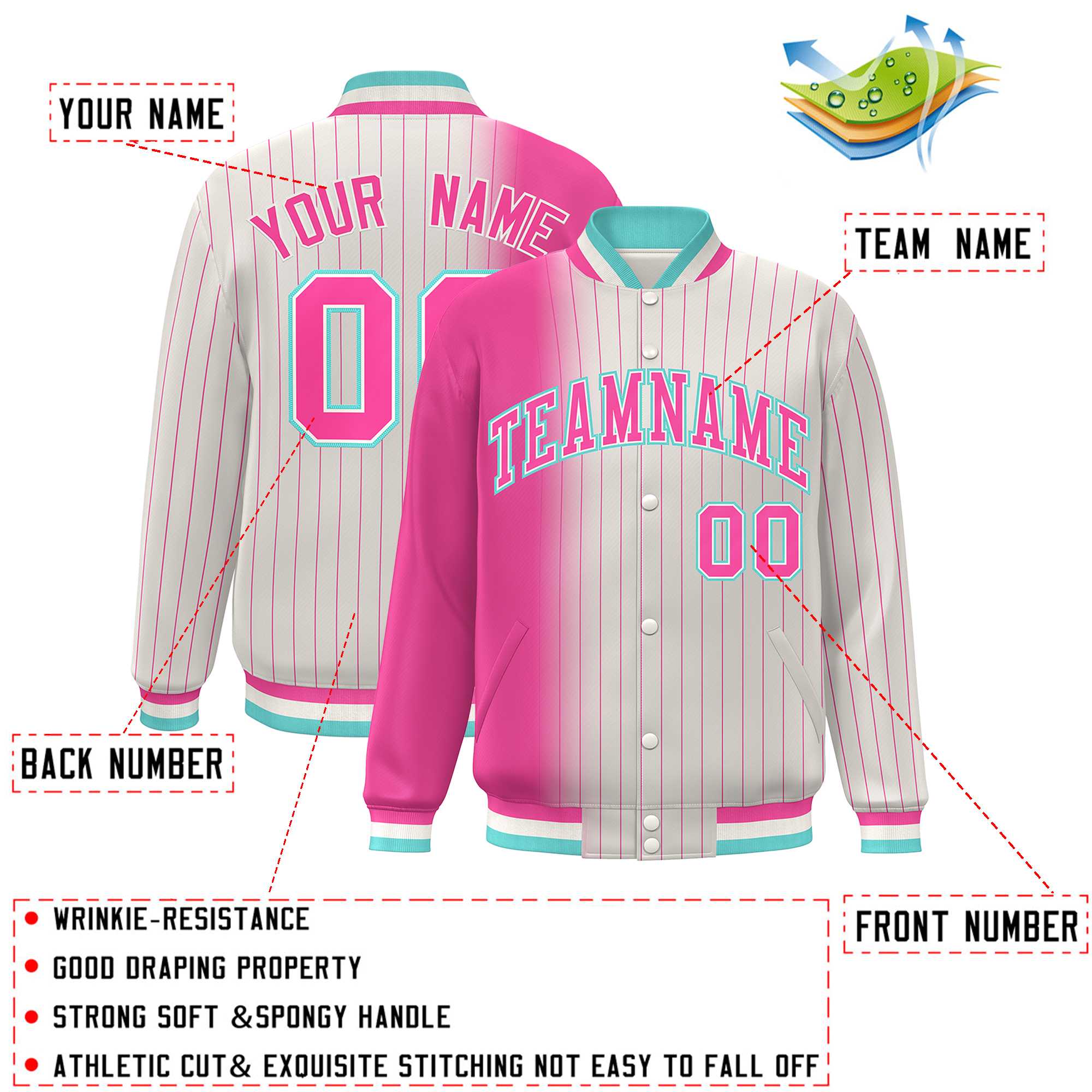 Custom Cream Pink Gradient Varsity Full-Snap Pinstripe Letterman Baseball Jacket