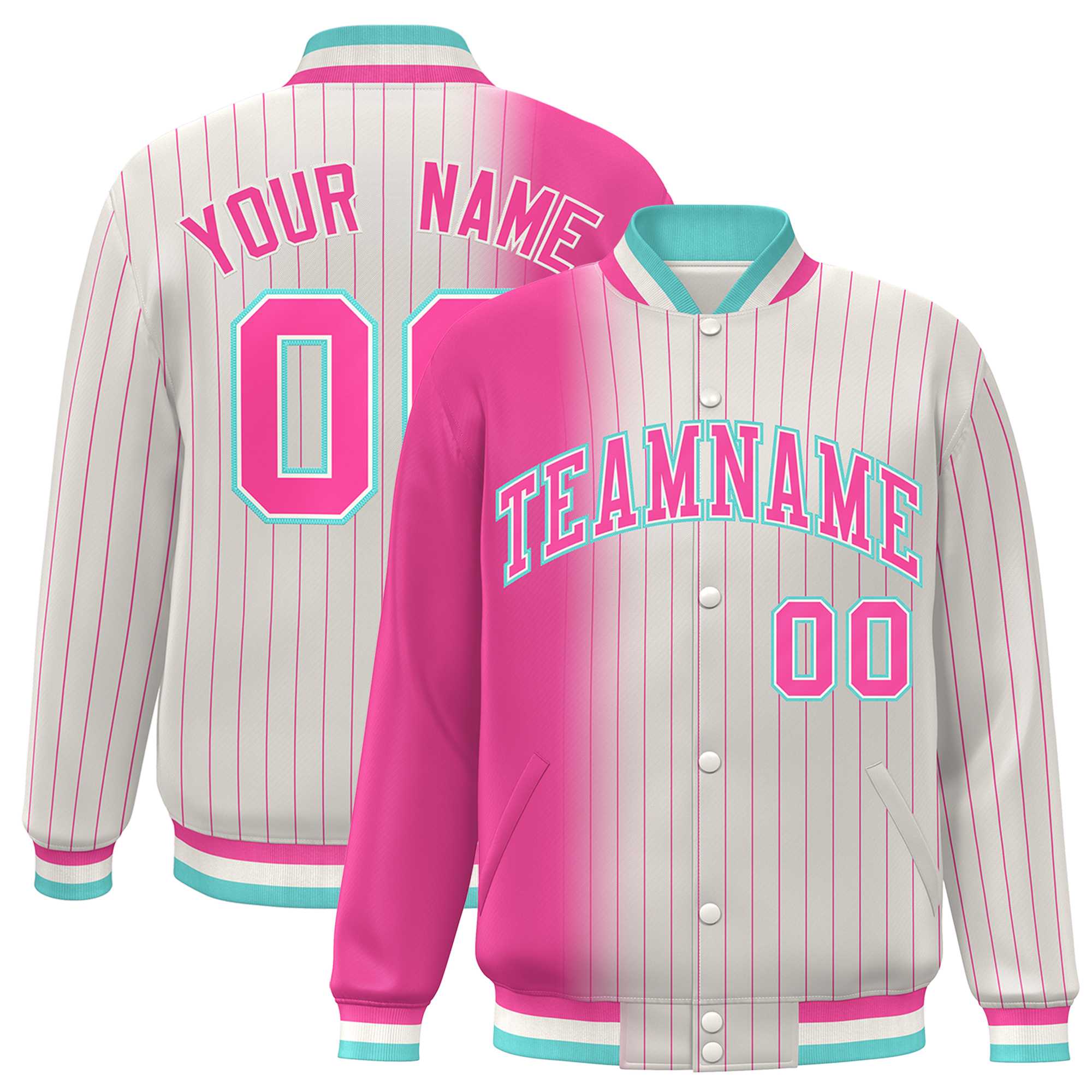 Custom Cream Pink Gradient Varsity Full-Snap Pinstripe Letterman Baseball Jacket