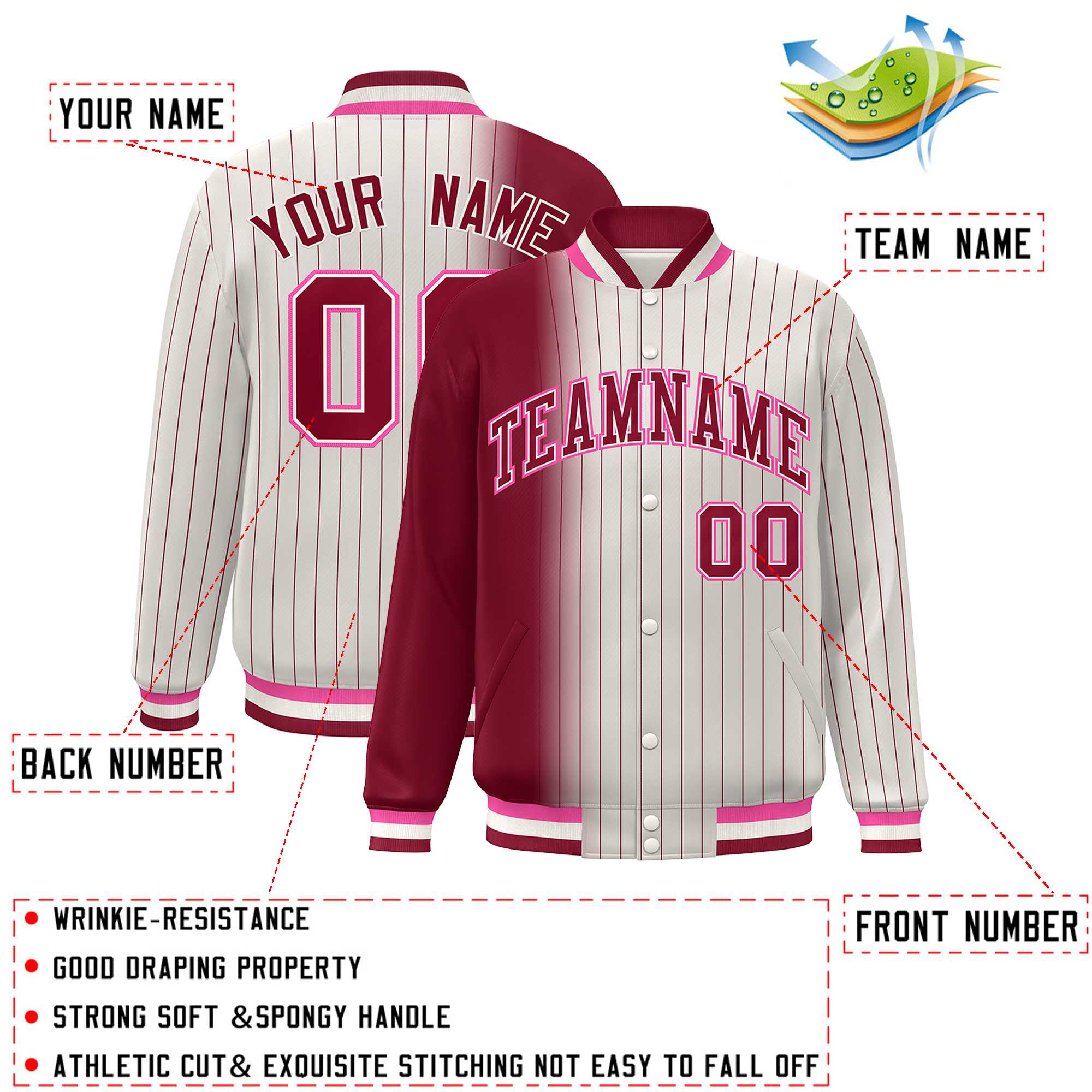 Custom Cream Crimson Gradient Varsity Full-Snap Pinstripe Letterman Baseball Jacket