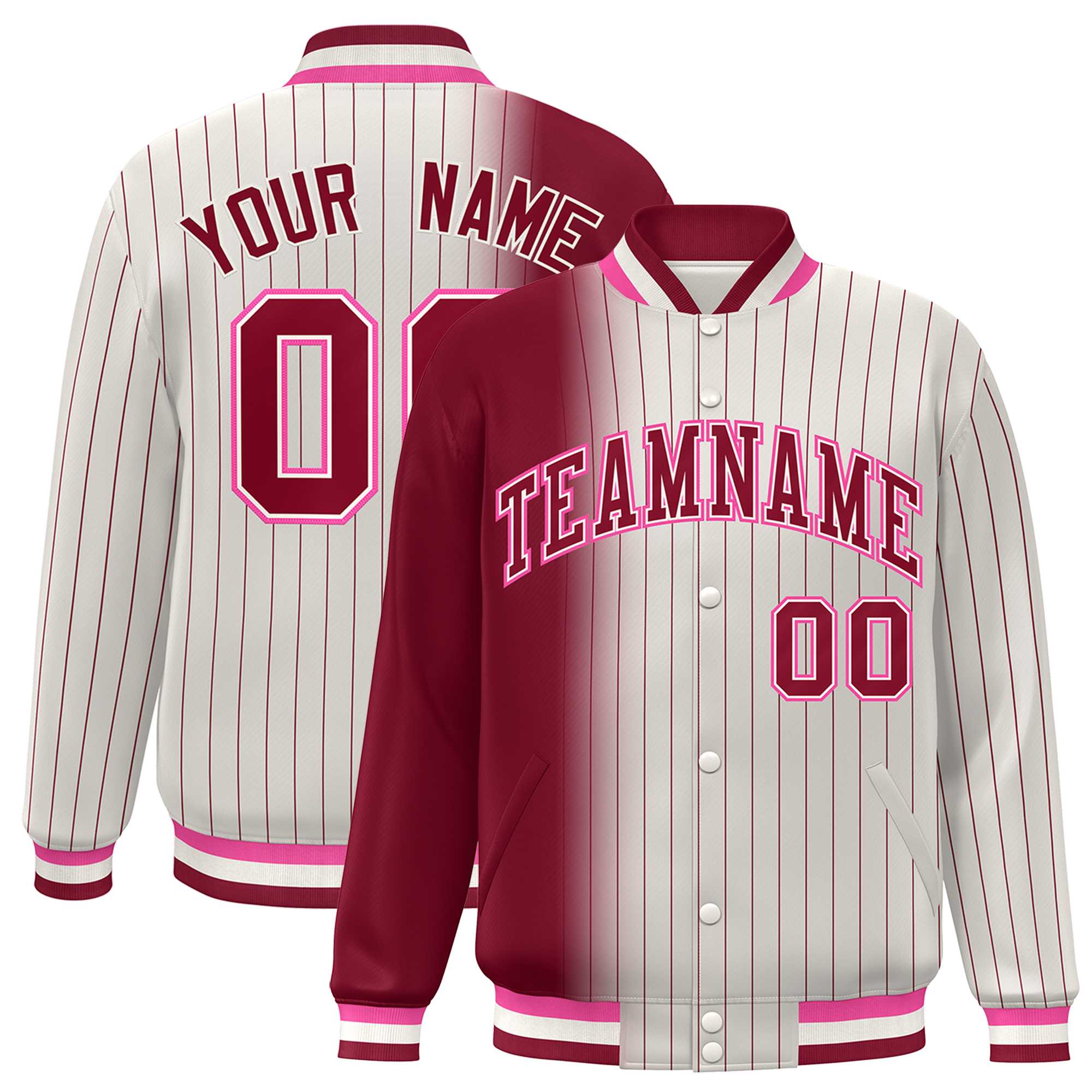 Custom Cream Crimson Gradient Varsity Full-Snap Pinstripe Letterman Baseball Jacket