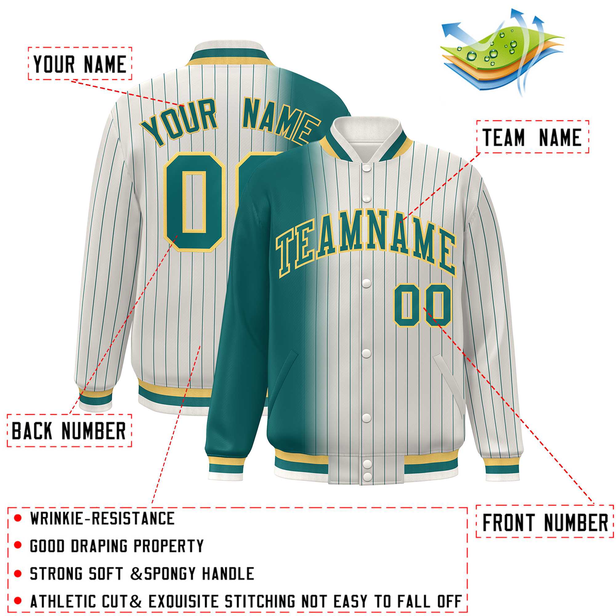 Custom Cream Aqua Gradient Varsity Full-Snap Pinstripe Letterman Baseball Jacket