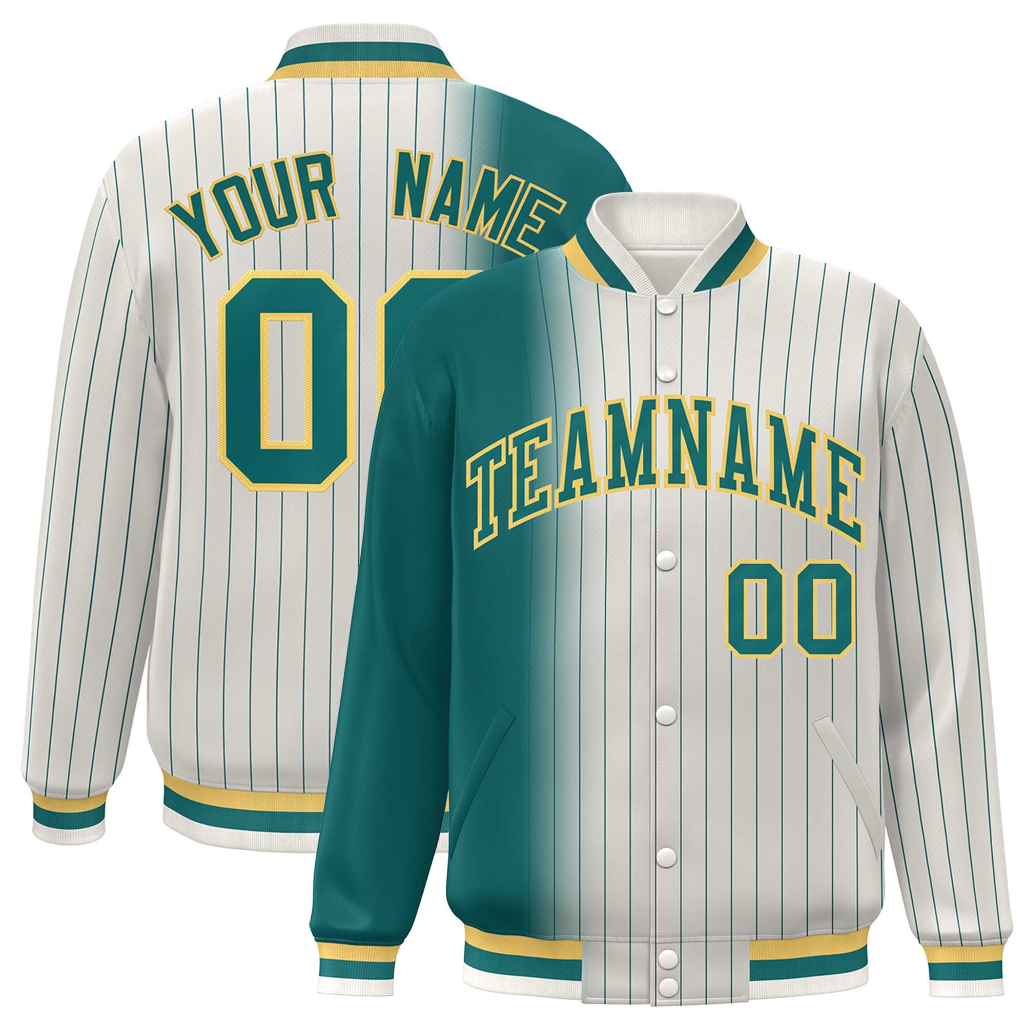 Custom Cream Aqua Gradient Varsity Full-Snap Pinstripe Letterman Baseball Jacket