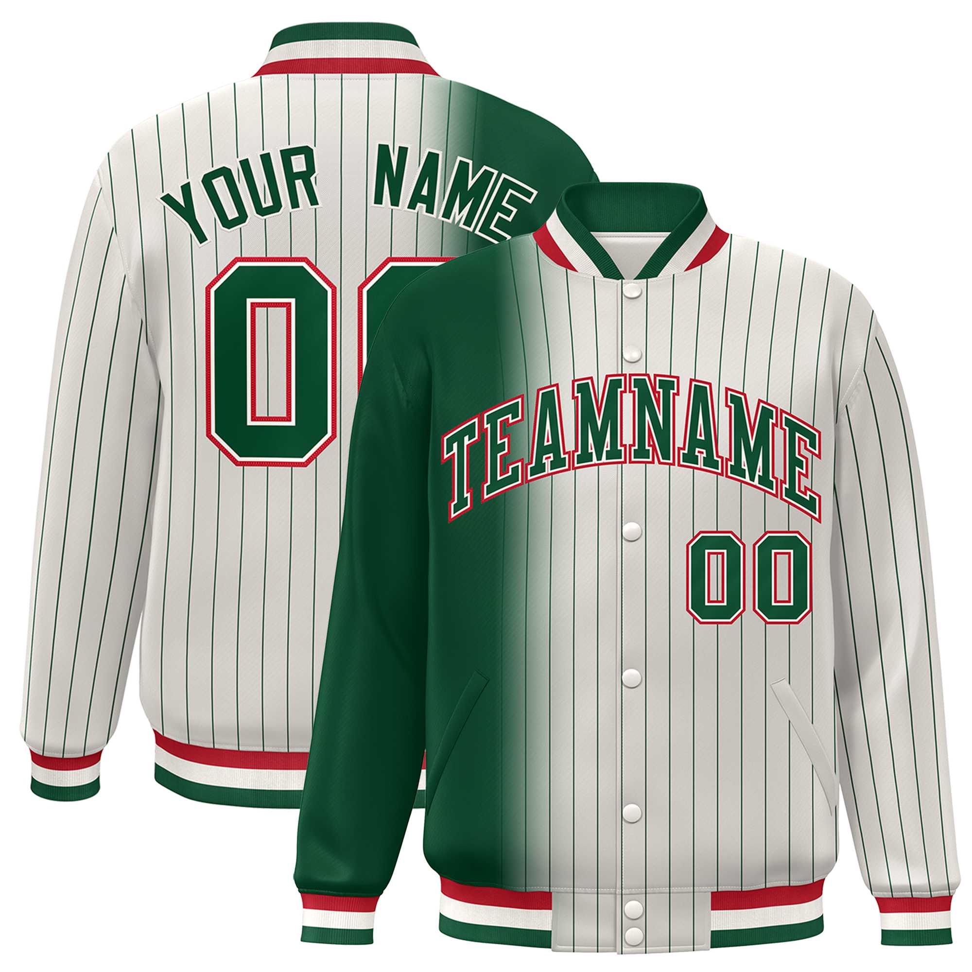 Custom Cream Green Gradient Varsity Full-Snap Pinstripe Letterman Baseball Jacket