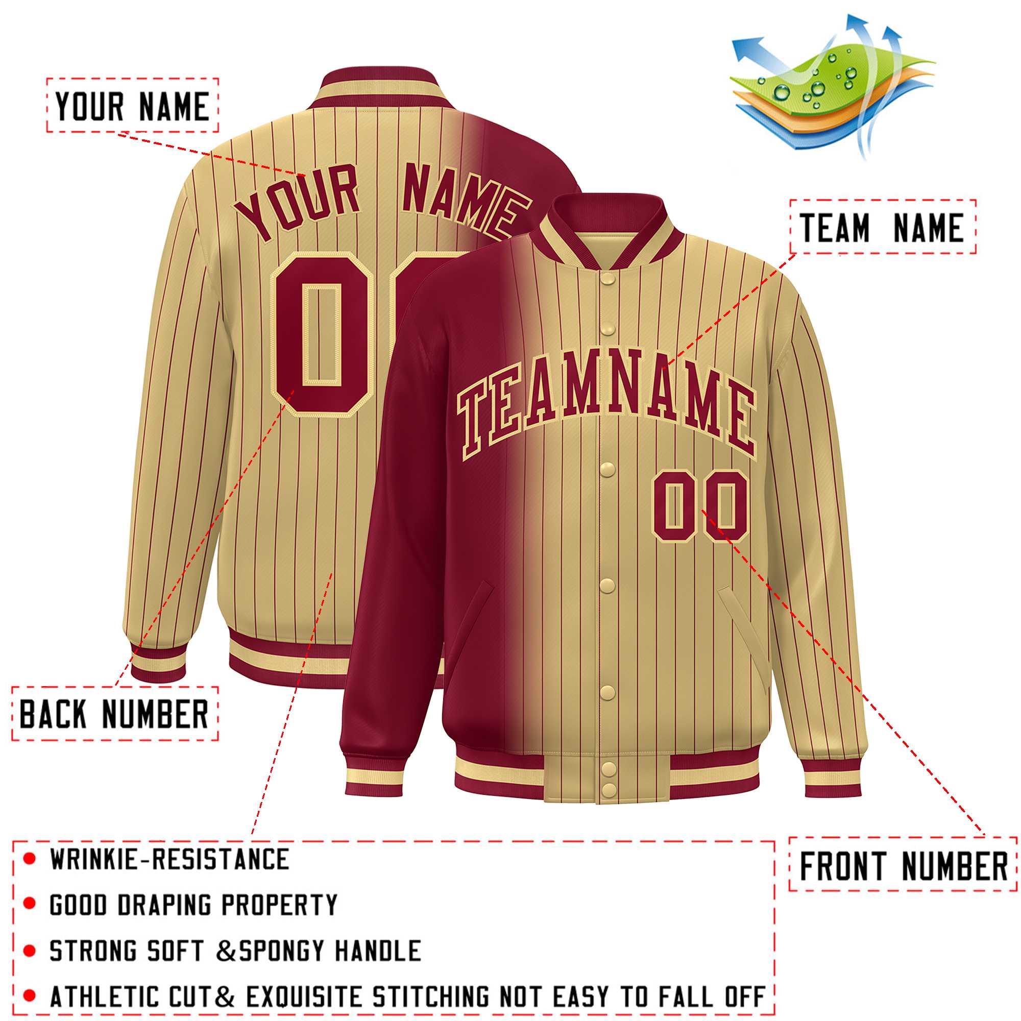 Custom Khaki Crimson Gradient Varsity Full-Snap Pinstripe Letterman Baseball Jacket