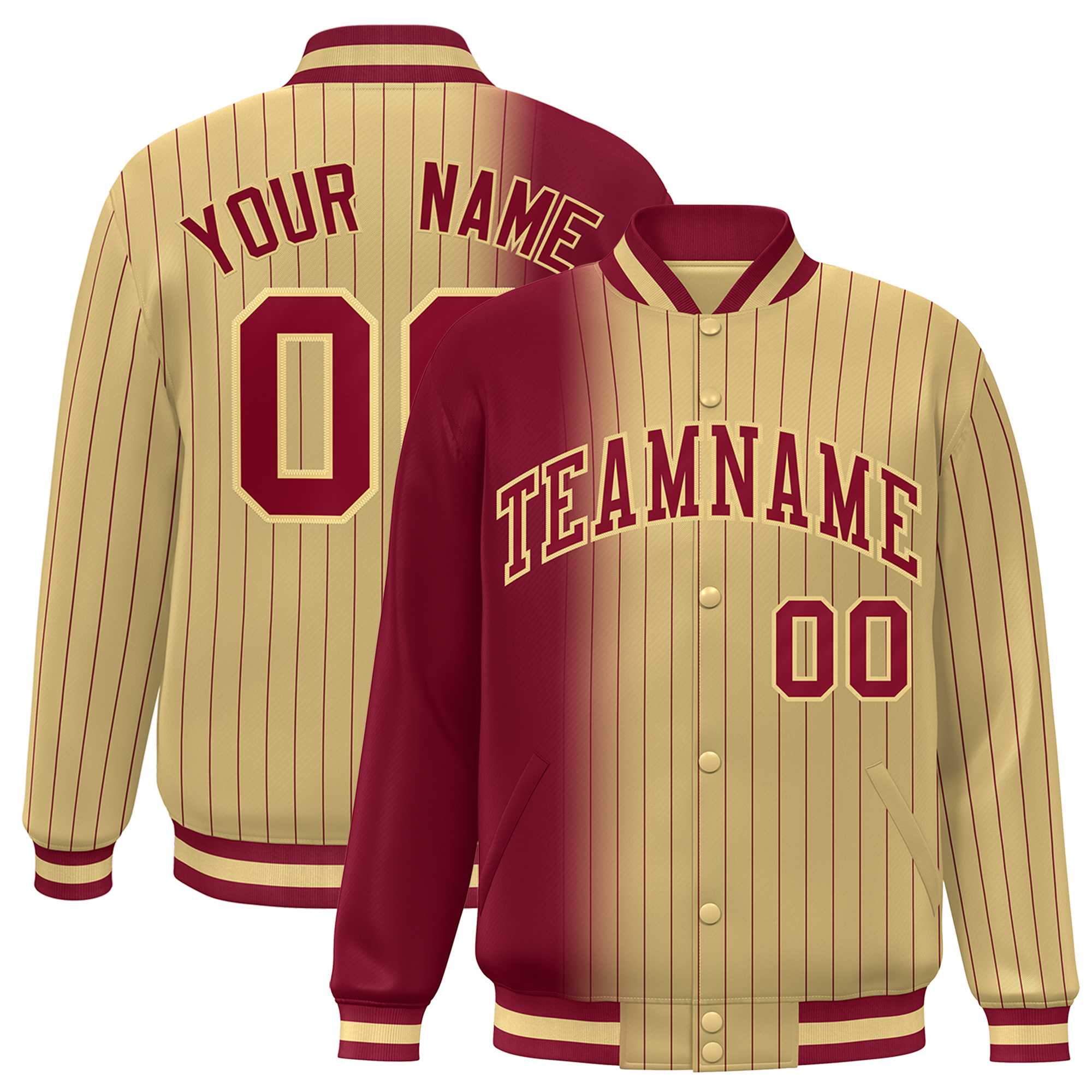 Custom Khaki Crimson Gradient Varsity Full-Snap Pinstripe Letterman Baseball Jacket