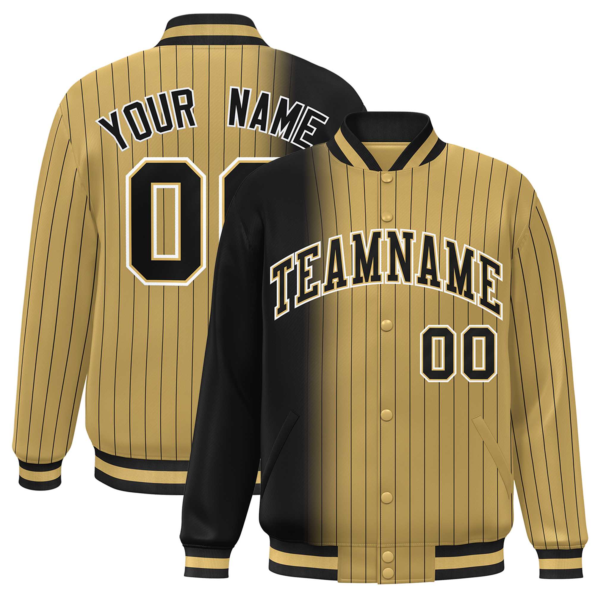 Custom Old Gold Black Gradient Varsity Full-Snap Pinstripe Letterman Baseball Jacket