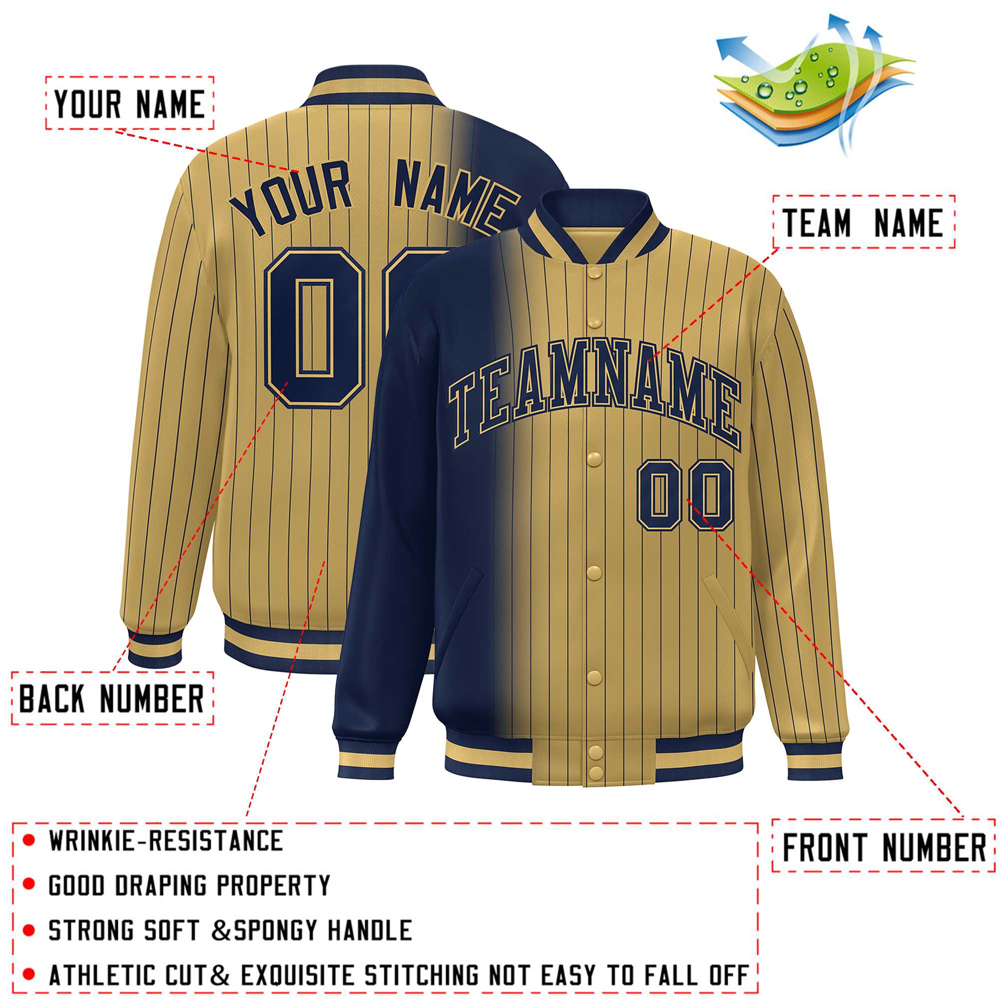 Custom Old Gold Navy Gradient Varsity Full-Snap Pinstripe Letterman Baseball Jacket