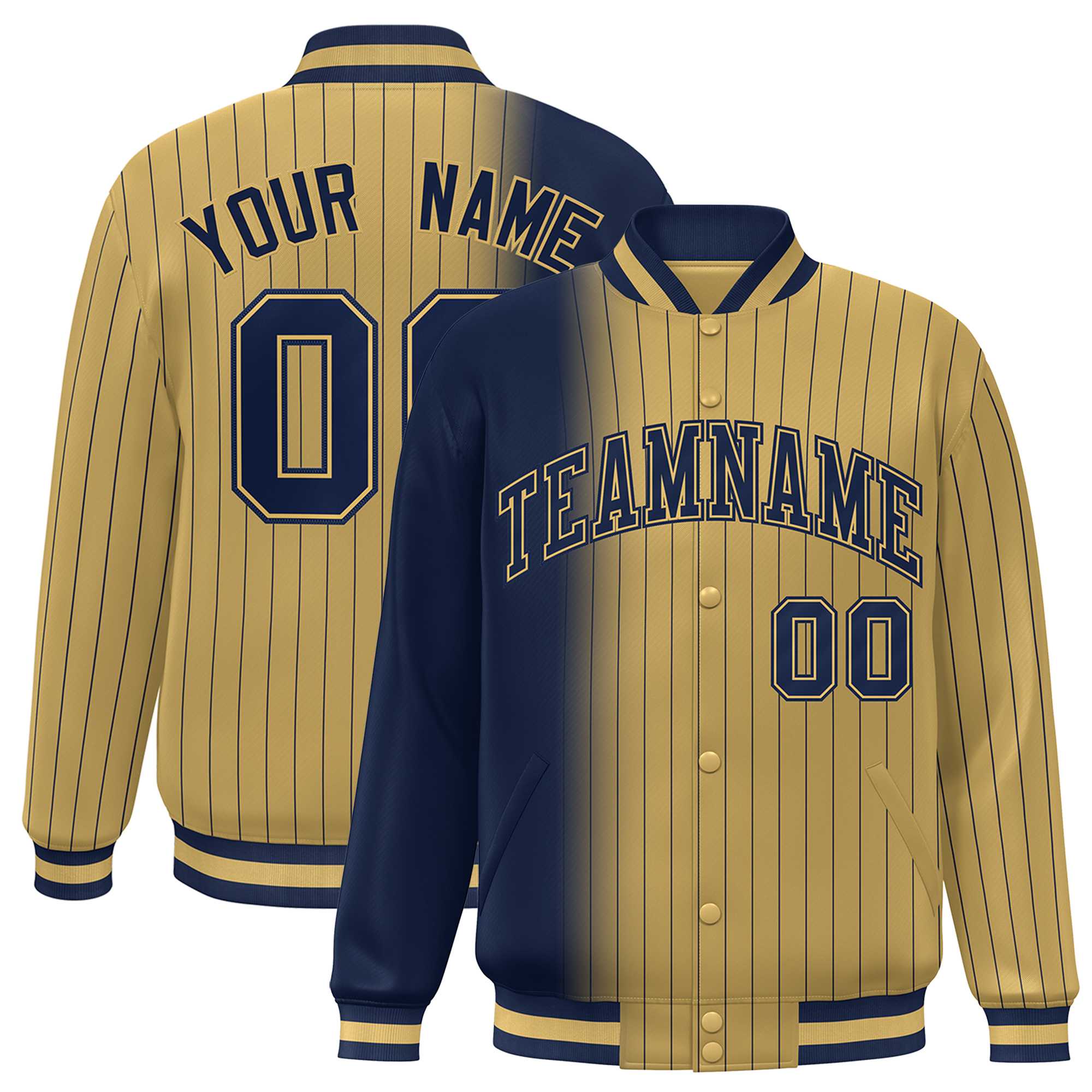 Custom Old Gold Navy Gradient Varsity Full-Snap Pinstripe Letterman Baseball Jacket