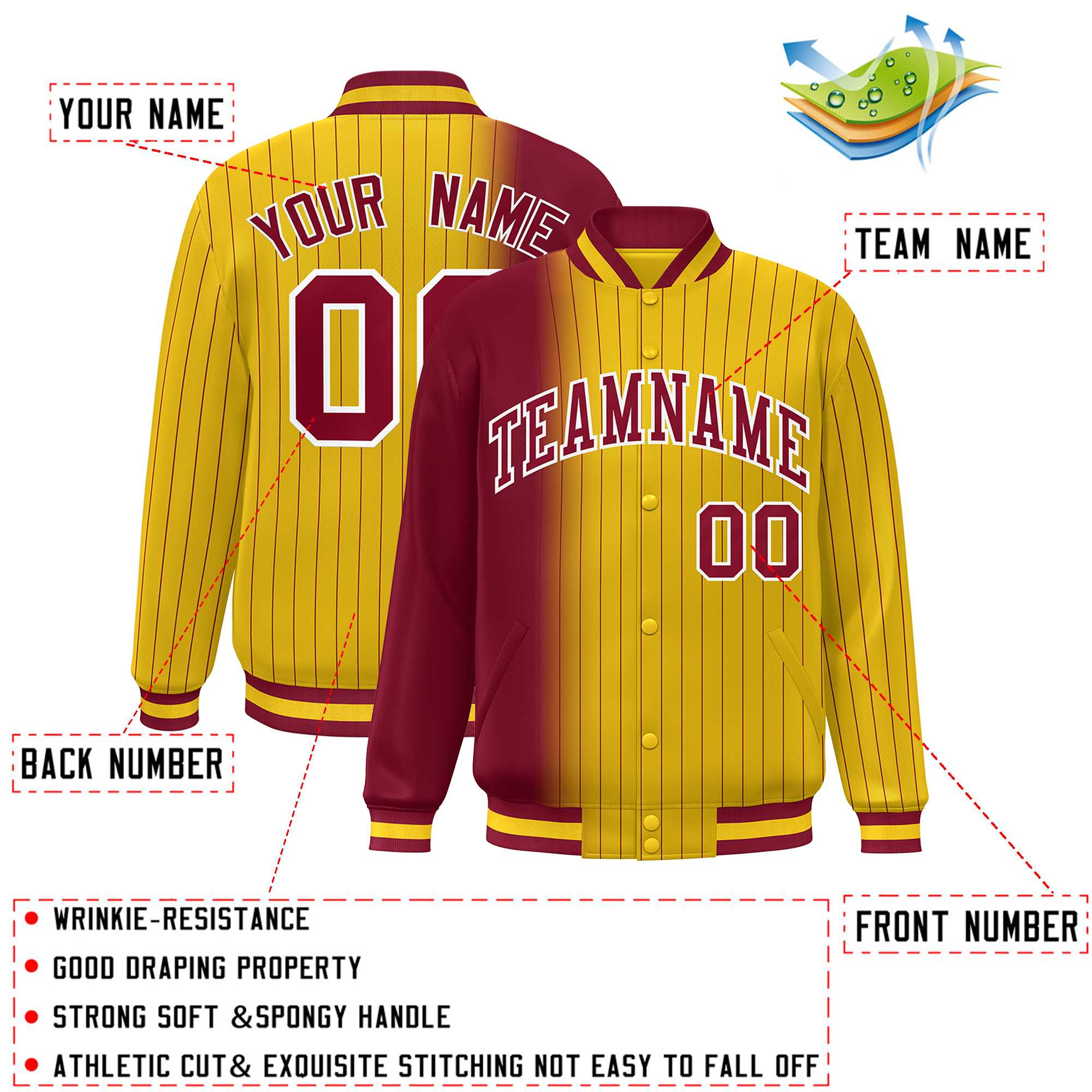 Custom Gold Crimson Gradient Varsity Full-Snap Pinstripe Letterman Baseball Jacket