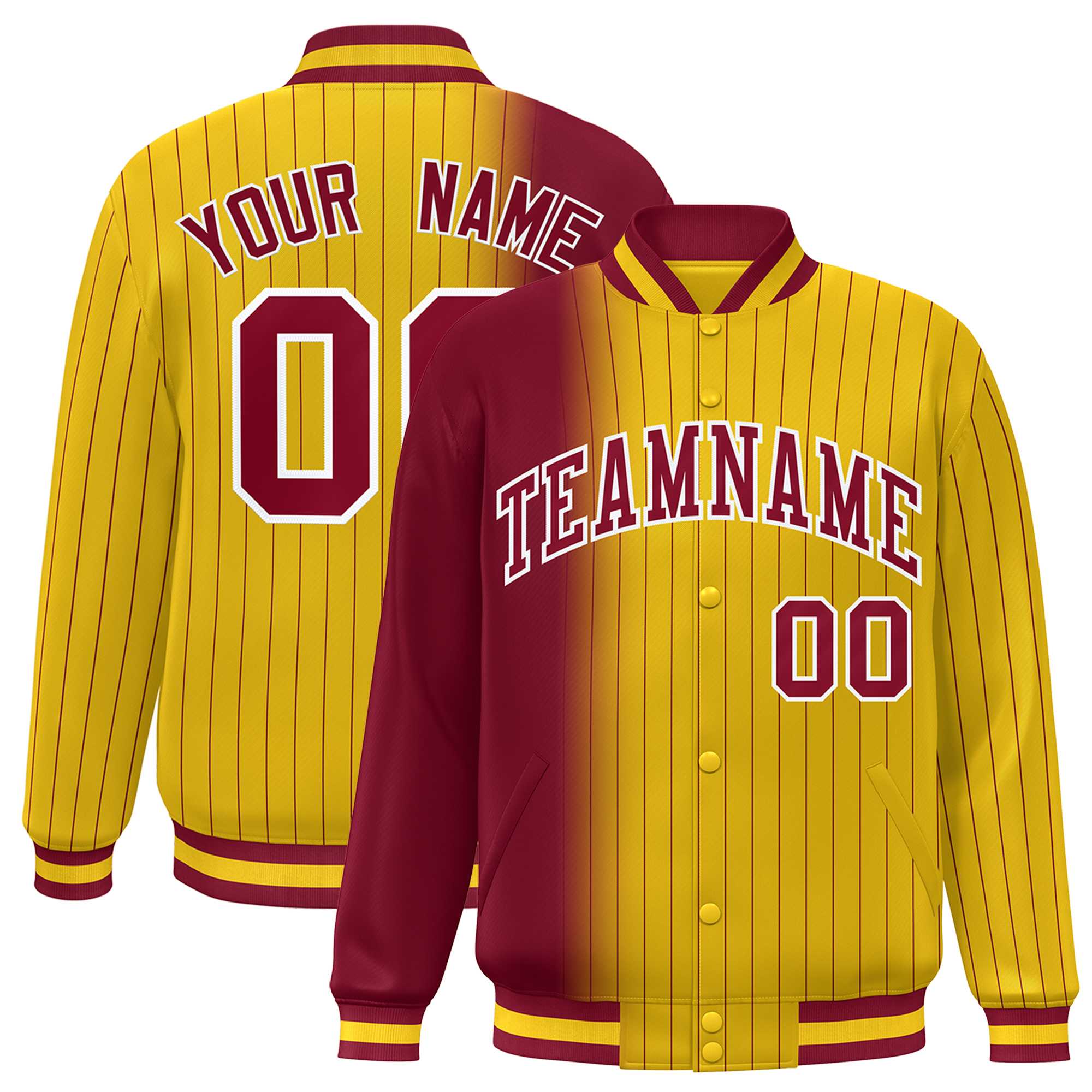 Custom Gold Crimson Gradient Varsity Full-Snap Pinstripe Letterman Baseball Jacket