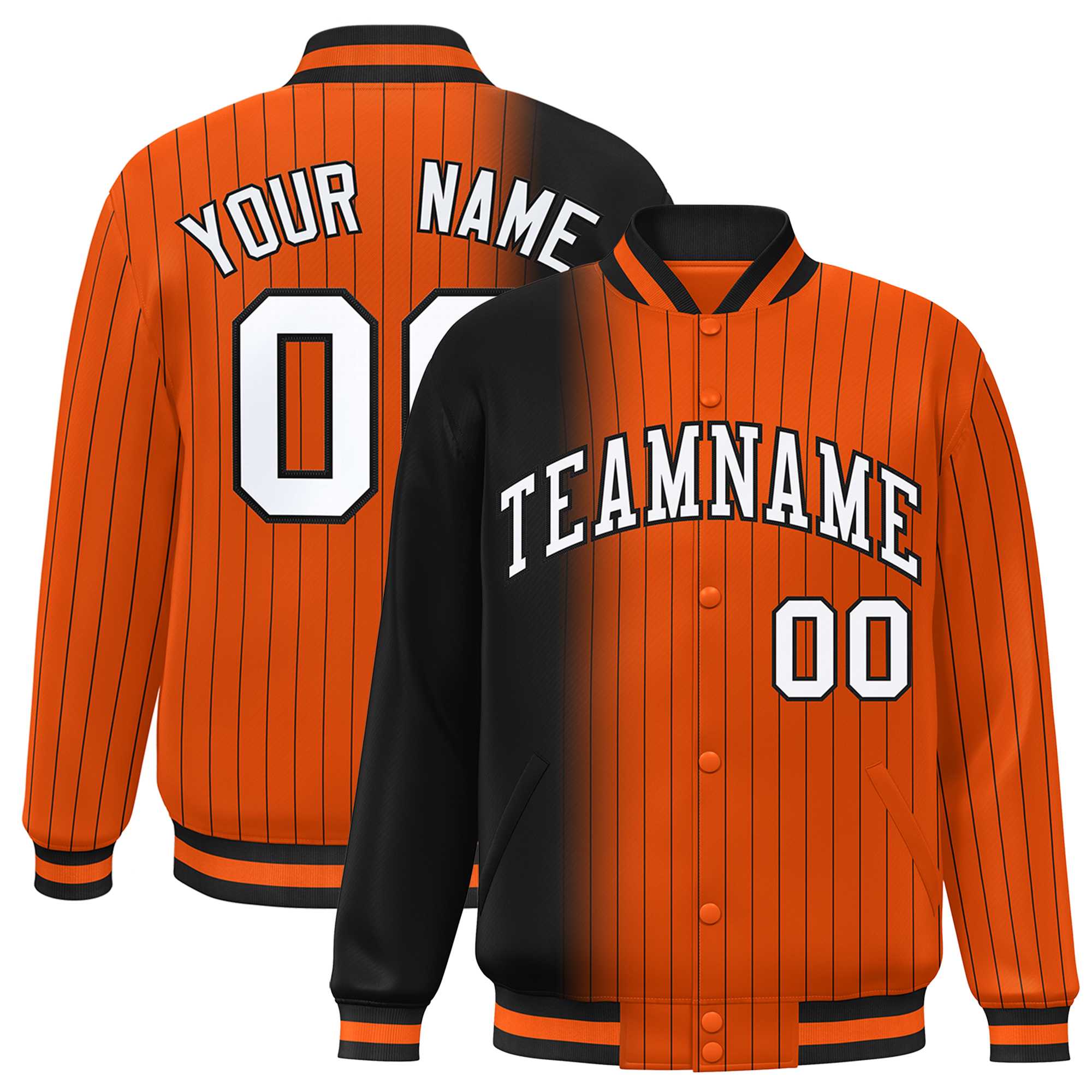 Custom Orange Black Gradient Varsity Full-Snap Pinstripe Letterman Baseball Jacket